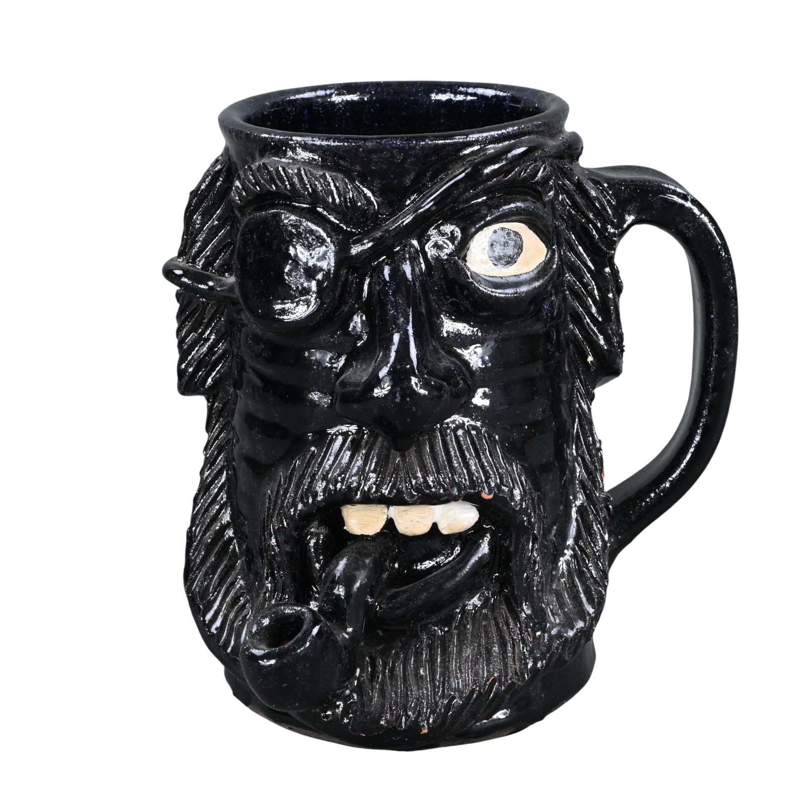 Kim Black. Face Mug with Eye Patch & Pipe: Kim Black. Face Mug with Eye Patch & Pipe. 2000. Signed and Dated. Good condition. Size: 7.5" H. Provenance: Private Georgia Collection. Est. $100 - $200. Ship: In-House Shipping Available.
