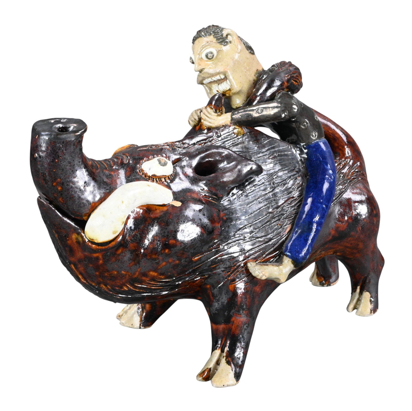 Billy Ray Hussey. Man Riding Boar: Billy Ray Hussey. (b. 1955)Man Riding Boar.Signed. Man riding boar and biting its ear. Excellent condition. Size: 7.5" H x 9" W x 3.5" D. Provenance: Private Georgia Collection (30+ years). 