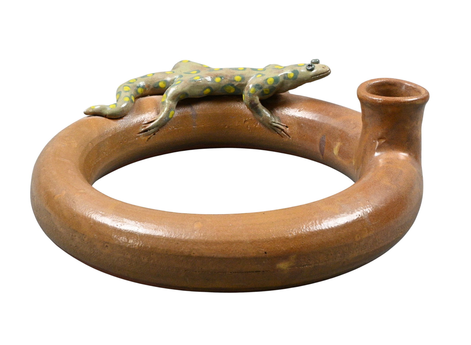 Tim Flinn. Lizard Ring Jug: Tim Flinn. Passed 2013 Lizard Ring Jug. 2009. Signed and Dated. Wall mounted lizard. Tim retired from being a 3rd grade school teacher to concentrate on pottery. Excellent Condition. Size: 9.5" diamet