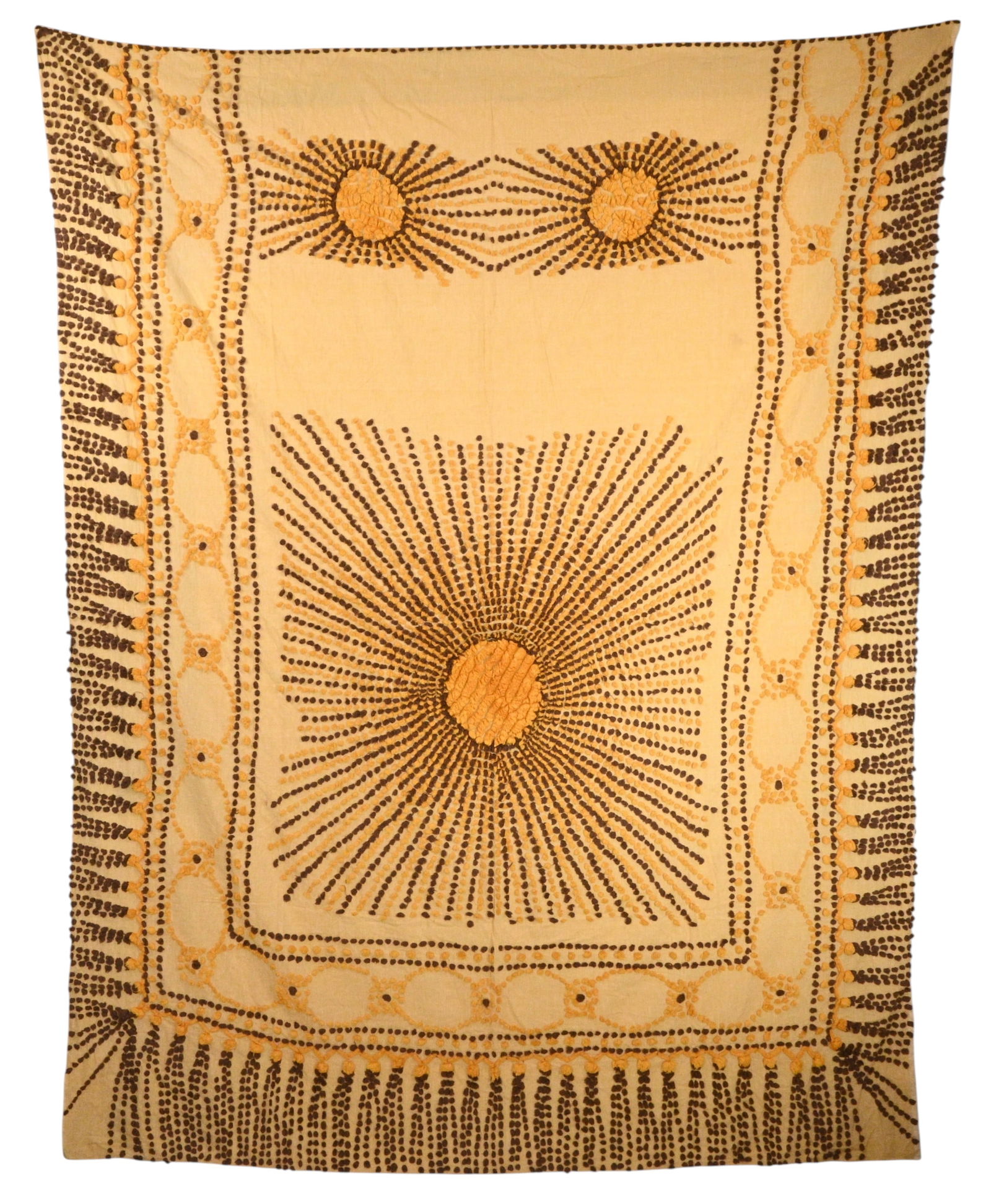 Yellow & Brown Sunburst Folk Coverlet: Yellow & Brown Sunburst Folk Coverlet. Vintage cotton coverlet featuring a bold sunburst design in yellow and brown. A large central radiating medallion dominates the field, echoed by smaller