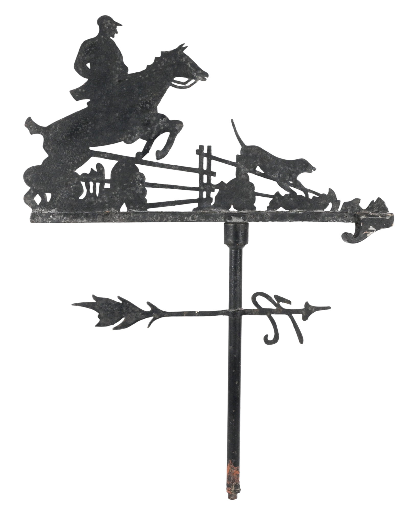 Fox Hunt Weathervane: Fox Hunt Weathervane. A finely composed metal weathervane depicting a fox-hunting scene, featuring a mounted rider jumping a fence while hounds pursue ahead. Mounted on a directional arrow with