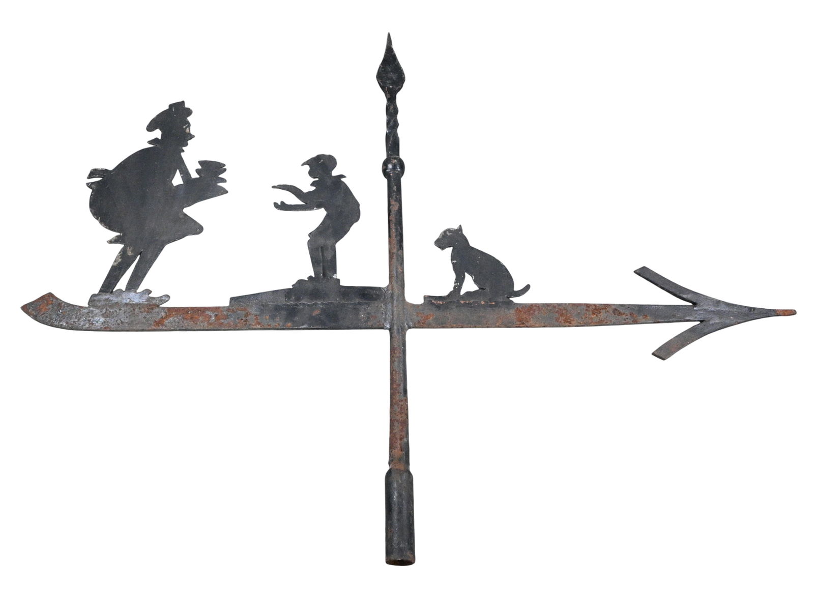 Vintage Howard Johnson's "Simple Simon and the Pie man" Weathervane: Vintage Howard Johnson's "Simple Simon and the Pie man" Weathervane. This is a vintage Haward Johnson's "Simple Simon and the Pie man" weathervane made of painted sheet iron or steel. It features