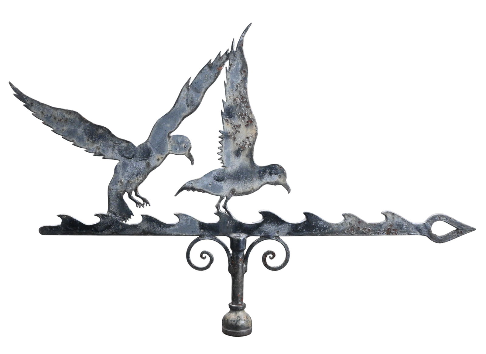 Sheet Metal Seabirds Weathervane: Sheet Metal Seabirds Weathervane. A finely composed sheet metal folk art weathervane depicting two seabirds in flight above stylized rolling waves. Cut in a silhouette from metal and mounted on a hori