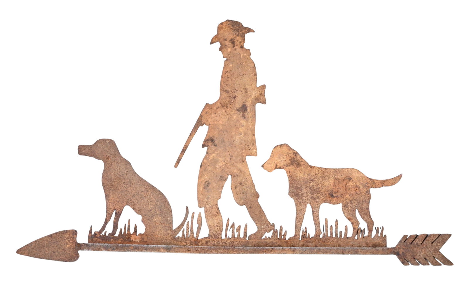 Sheet Metal Hunter with Dogs Weathervane: Sheet Metal Hunter with Dogs Weathervane. A finely cut sheet metal folk art weathervane depicting a hunter walking with two dogs, mounted atop a directional arrow. The scene captures a classic