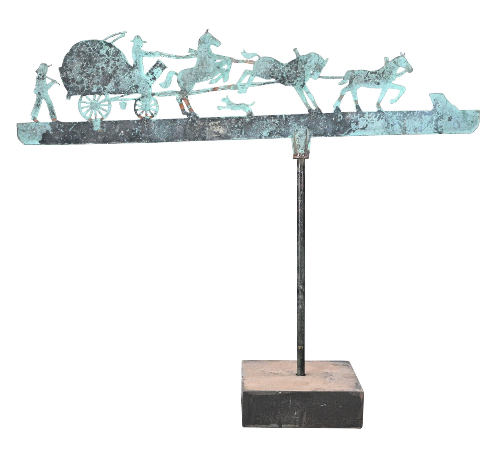 Sheet Metal Hay Wagon and Horse Team Weathervane: Sheet Metal Hay Wagon and Horse Team Weathervane. A finely cut sheet metal folk sculpture depicting a horse-drawn wagon in motion, complete with driver, wagon, team of horses, and a running dog