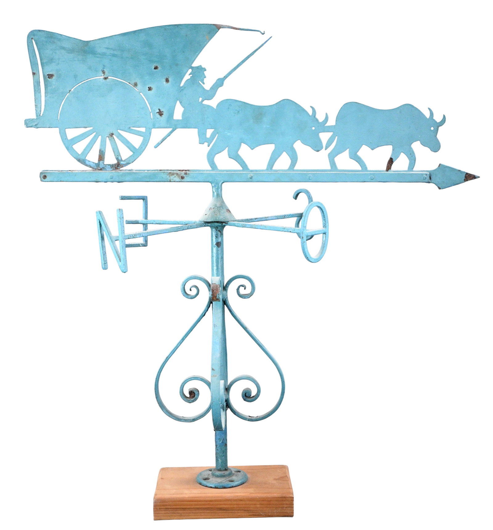 Sheet Metal Ox Cart Weathervane: Sheet Metal Ox Cart Weathervane. A striking sheet metal folk art weathervane depicting an ox-drawn cart with driver. Finished in an aged turquoise painted surface. The ox-drawn cart upper piece can be