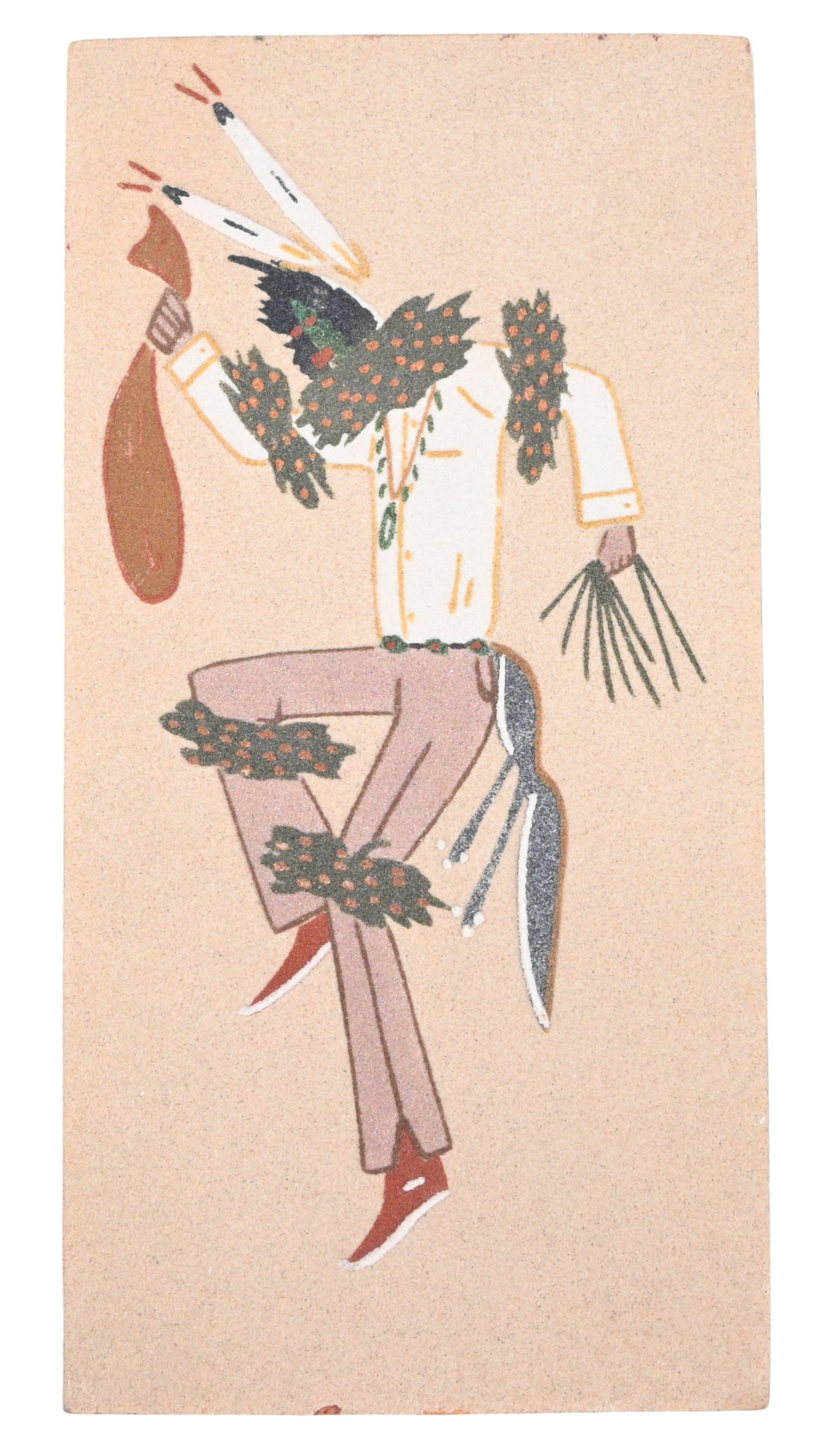 Yei-Bei-Chai Sand Painting: Yei-Bei-Chai Sand Painting. Sand painting on wood panel. "Night Chant or Night Way. More commonly referred to as the Yei-bez-chai's (Winter Ceremony) Sands are natural colored rocks. (ground)" -