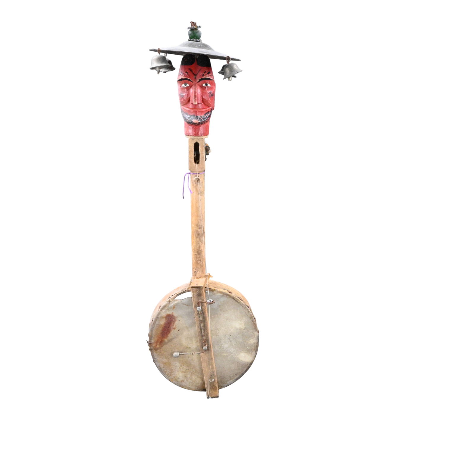German Folk Art Musical Instrument: German Folk Art Musical Instrument. A rare German folk musical instrument, constructed from carved wood, metal bells, string, and a stretched hide percussion surface. The instrument is surmounted