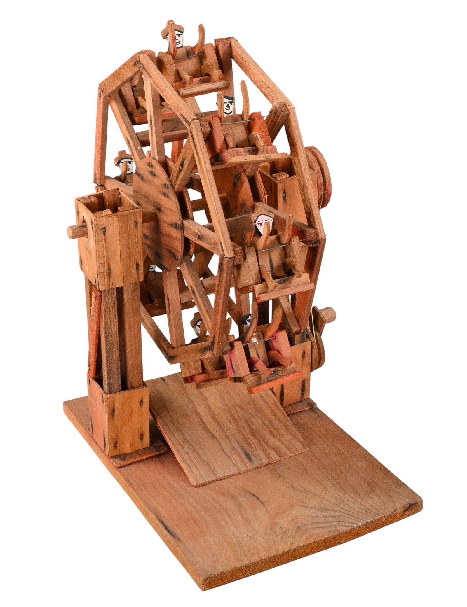Ferris Wheel Model: Ferris Wheel Model. Wood construction with paint. The ferris wheel turns when the crank is turned. The figures have painted faces and jointed arms and legs that can be positioned up or down. The