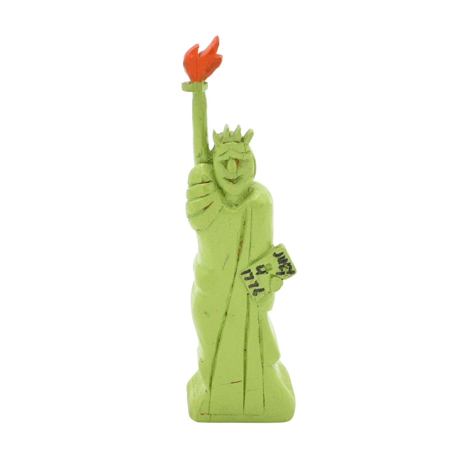 Anonymous. Green Carved Statue of Liberty: Anonymous. Green Carved Statue of Liberty.Wood carving with green paint. Good condition. A couple light scratches to paint. Size: 6" H x 1.75" W x 1.25" D. Provenance: Micki Beth Stiller