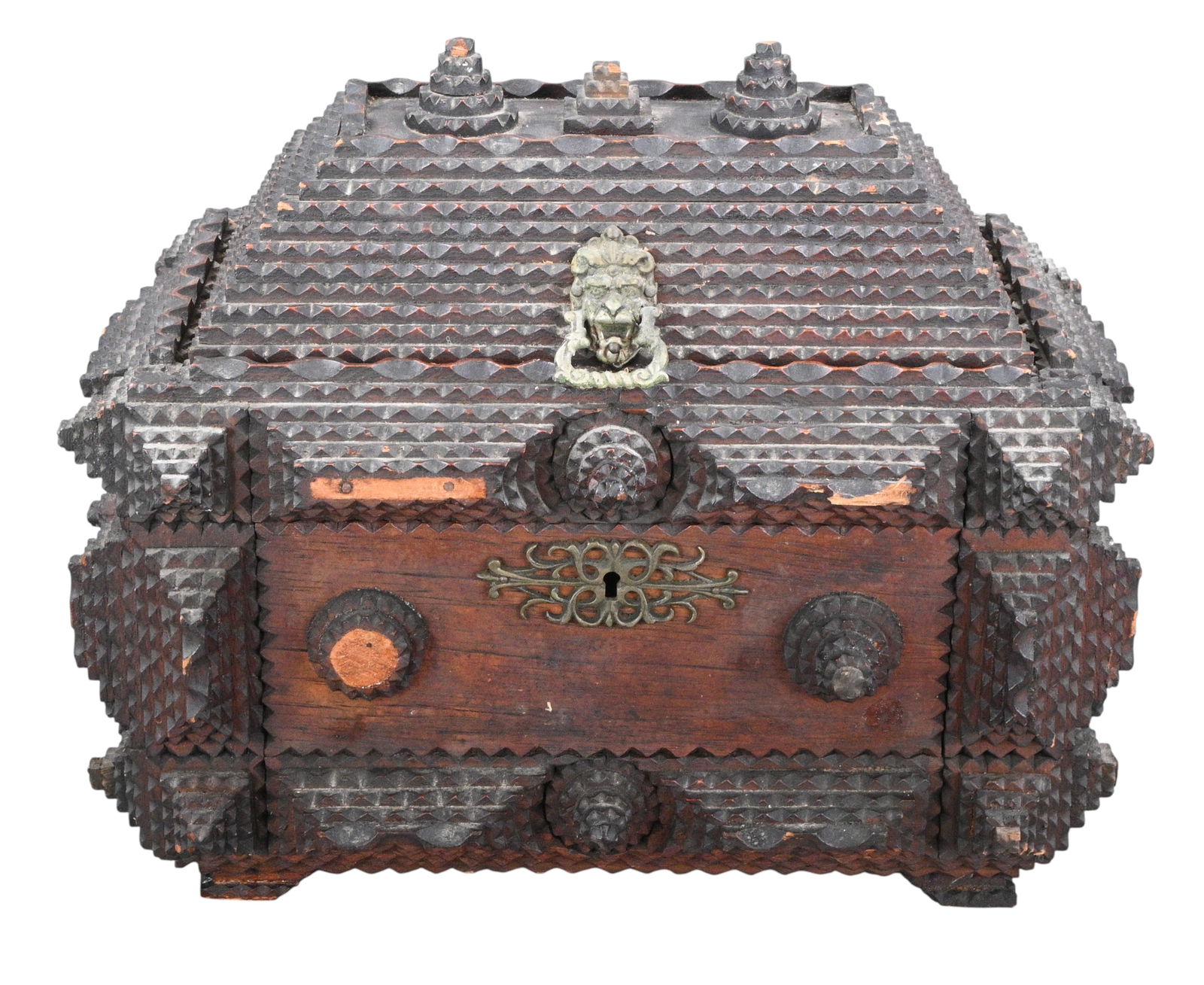 Tramp Art Folk Jewelry Box with Lion Head Escutcheon: Tramp Art Folk Jewelry Box with Lion Head Escutcheon. A chip-carved tramp art jewelry box with layered geometric carving and molded lion head escutcheon above the keyhole. A top compartment with