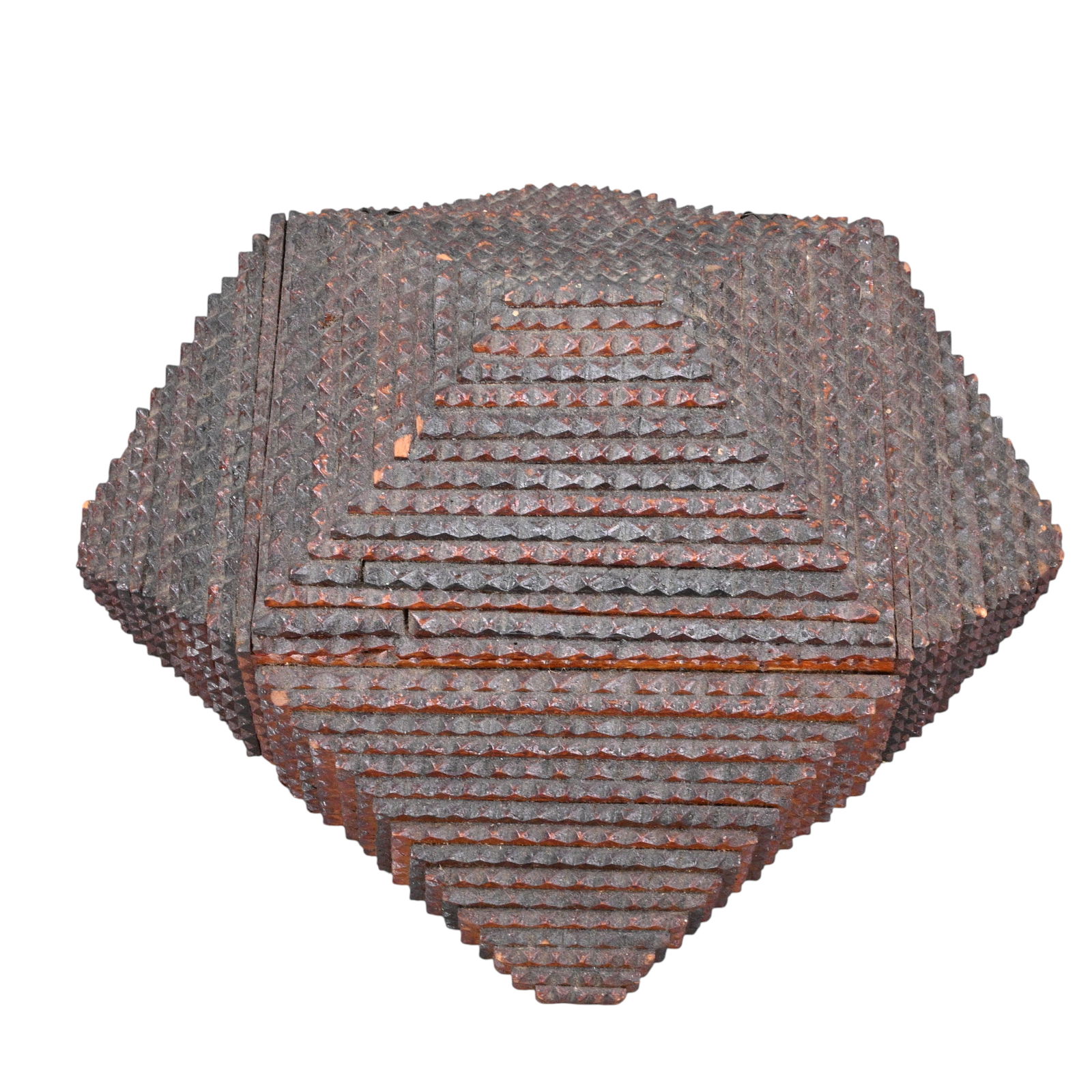 Asymmetric Inverted Stepped Pyramid Tramp Art Box: Asymmetric Inverted Stepped Pyramid Tramp Art Box. A highly sculptural tramp art jewelry box of inverted, stepped pyramidal form, oriented on the diagonal to create a diamond shaped footprint. The ext