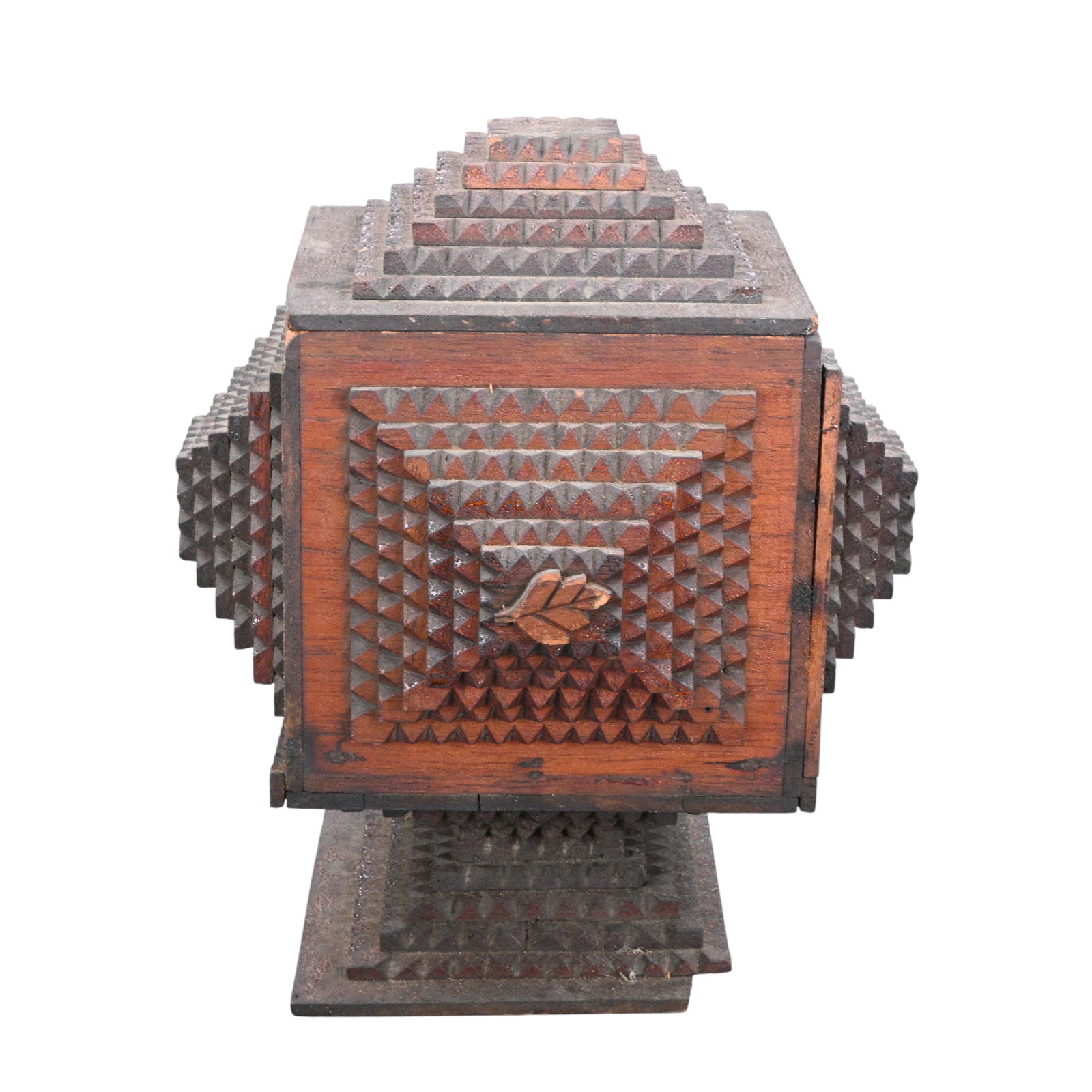 Stepped Temple Like Tramp Art Jewelry Box: Stepped Temple Like Tramp Art Jewelry Box. A stepped, temple-like pyramidal form with a rectangular footprint which is typical of high quality tramp art construction, emphasizing symmetry,