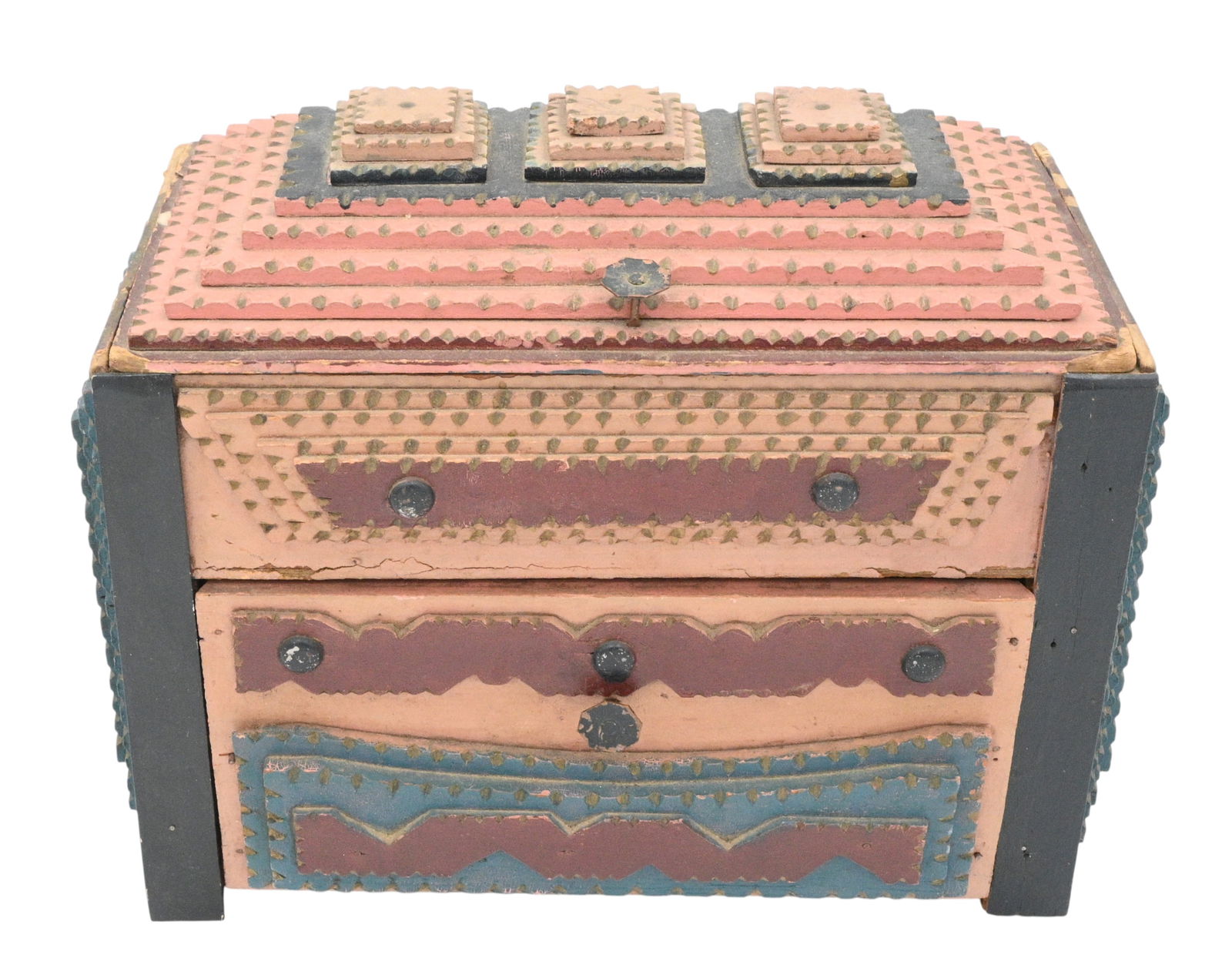 Tramp Art Painted Box: Tramp Art Painted Box. Circa mid 1900's. This is a colorfully painted tramp art box with a drawer and hinged lid. The construction is unusual. The upper, hinged portion is built around a