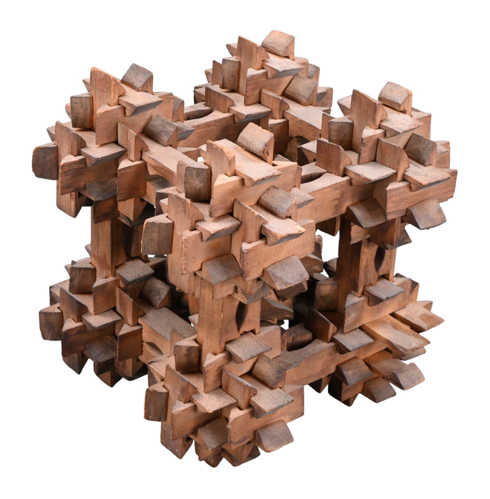 Tramp Art Geometric Cube: Tramp Art Geometric Cube. So much skill and patience must have gone into making this piece. There is a geometric star shaped piece inside the complex geometric cube. All pieces are interlocked and