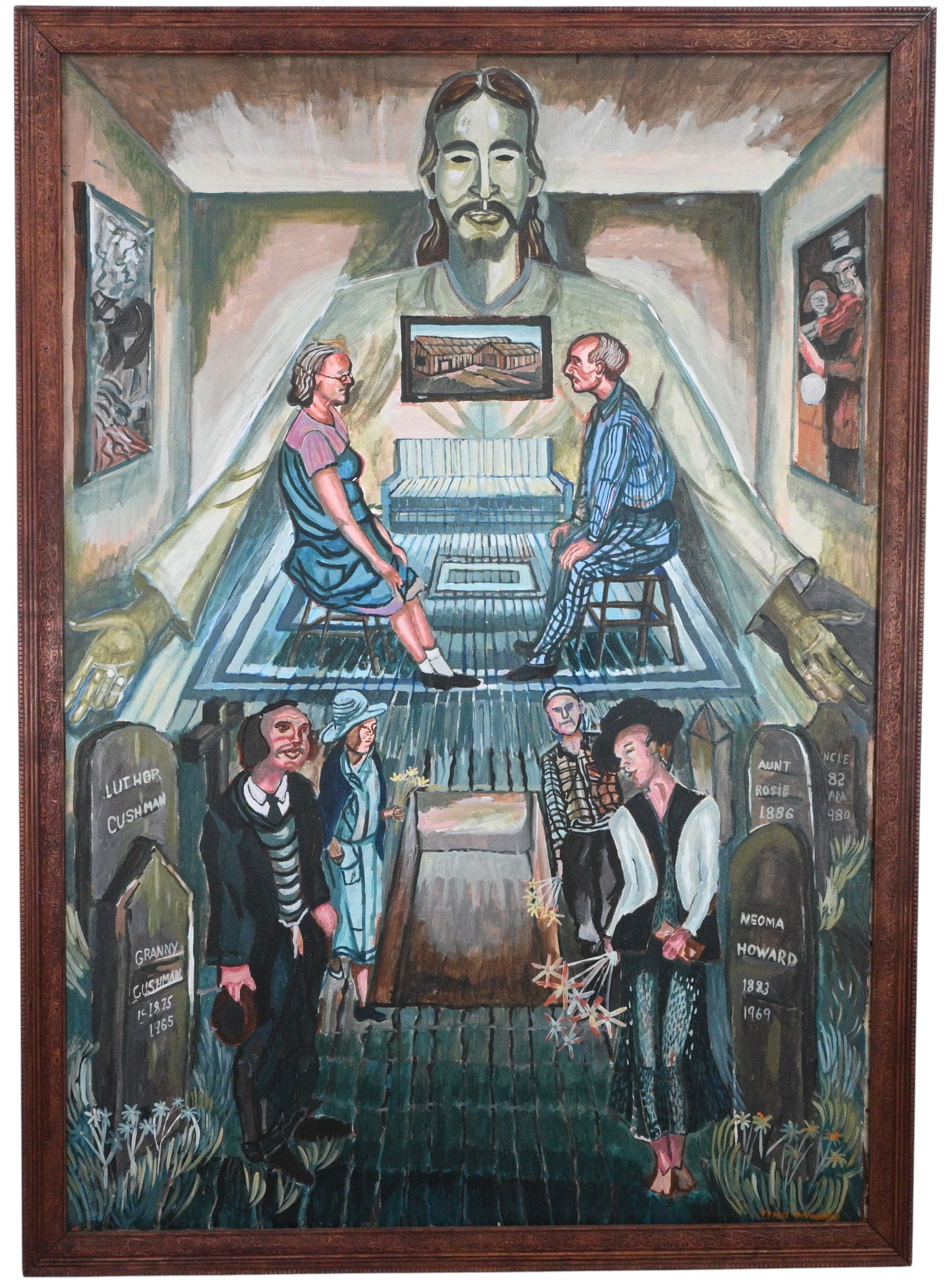 Elmo Howard. Funeral Scene: Elmo Howard. (b. 1928)Funeral Scene.1989. Signed and Dated. Oil on canvas with ornate wood frame. Grew up in Georgia and would enter his paintings into local fairs. It is believed that Howard