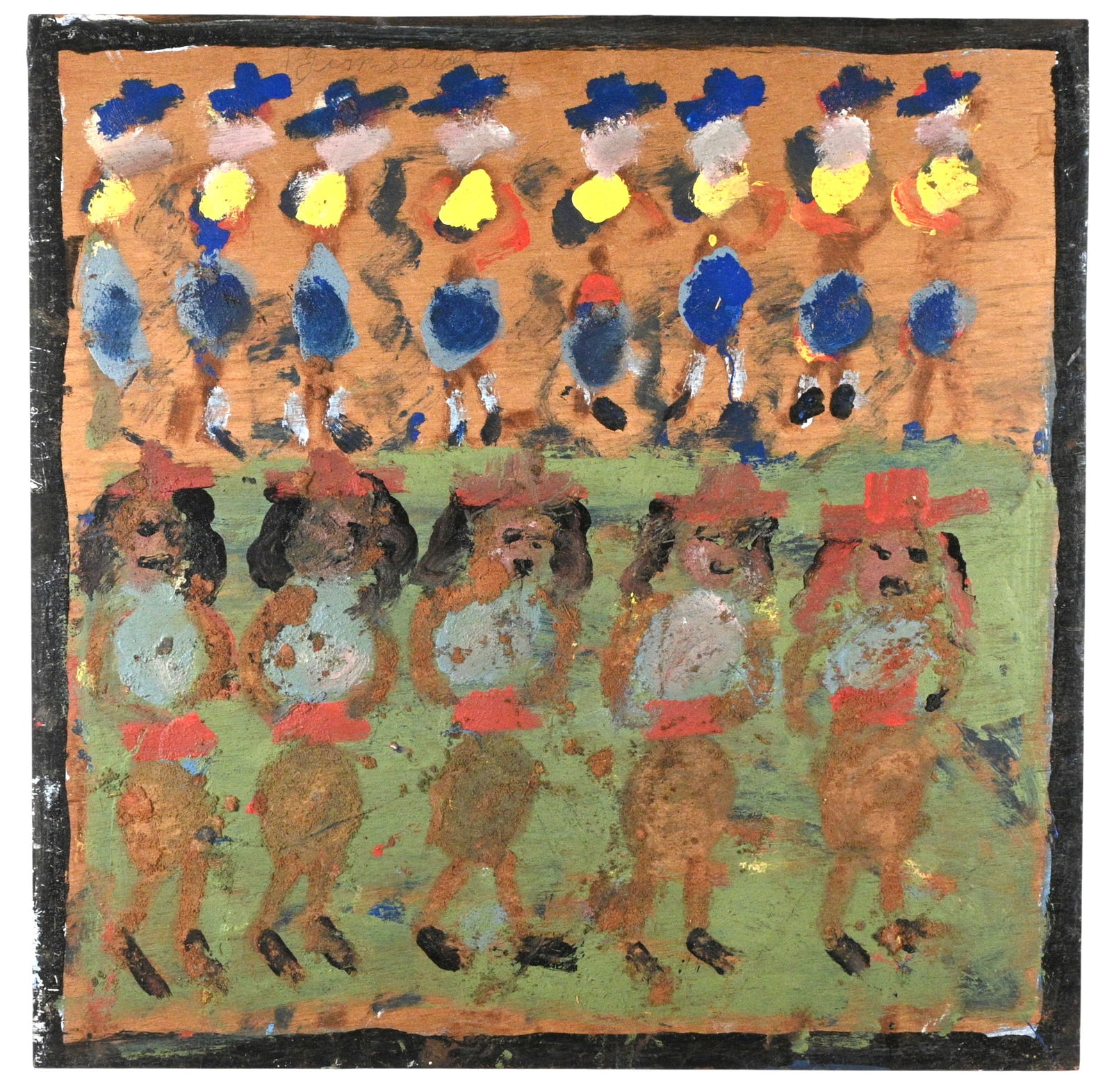 Jimmy Lee Sudduth. Ladies Dancing: Jimmy Lee Sudduth. (1910-2007)Ladies Dancing.Circa 1991. Signed. Heavy mud and paint of wood board. Bright colors and a beautiful piece. Great intact mud A Folk Art Auctions Favorite . 