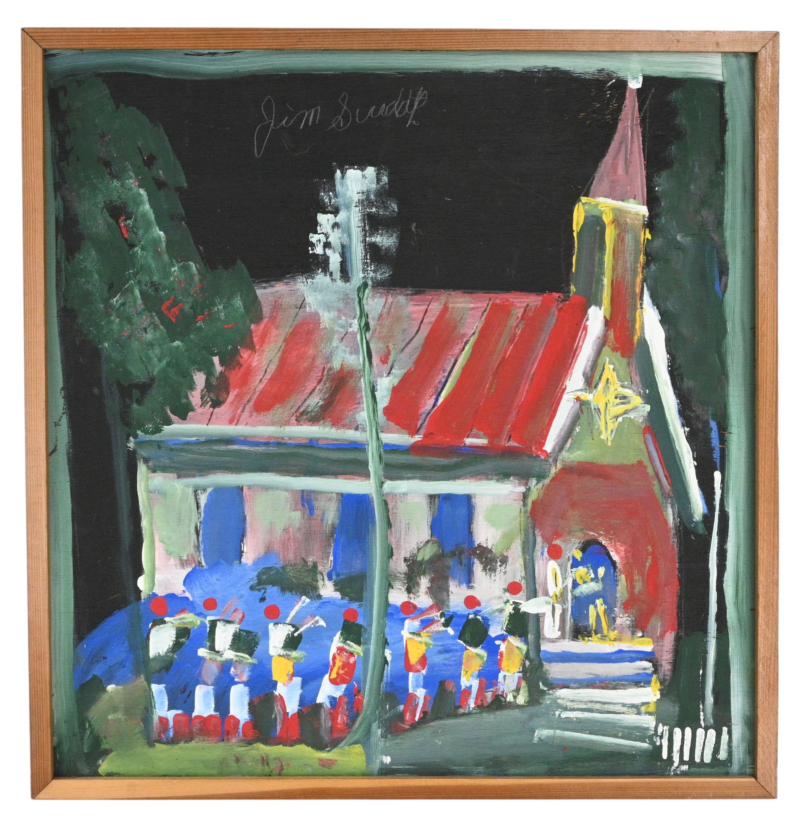 Jimmy Lee Sudduth. Going To Church: Jimmy Lee Sudduth. (1910-2007)Going To Church.Signed. Paint on wood board. Photo included showing Sudduth with the exact piece. Excellent condition. The wooden frame is warped. Size: 24" H x