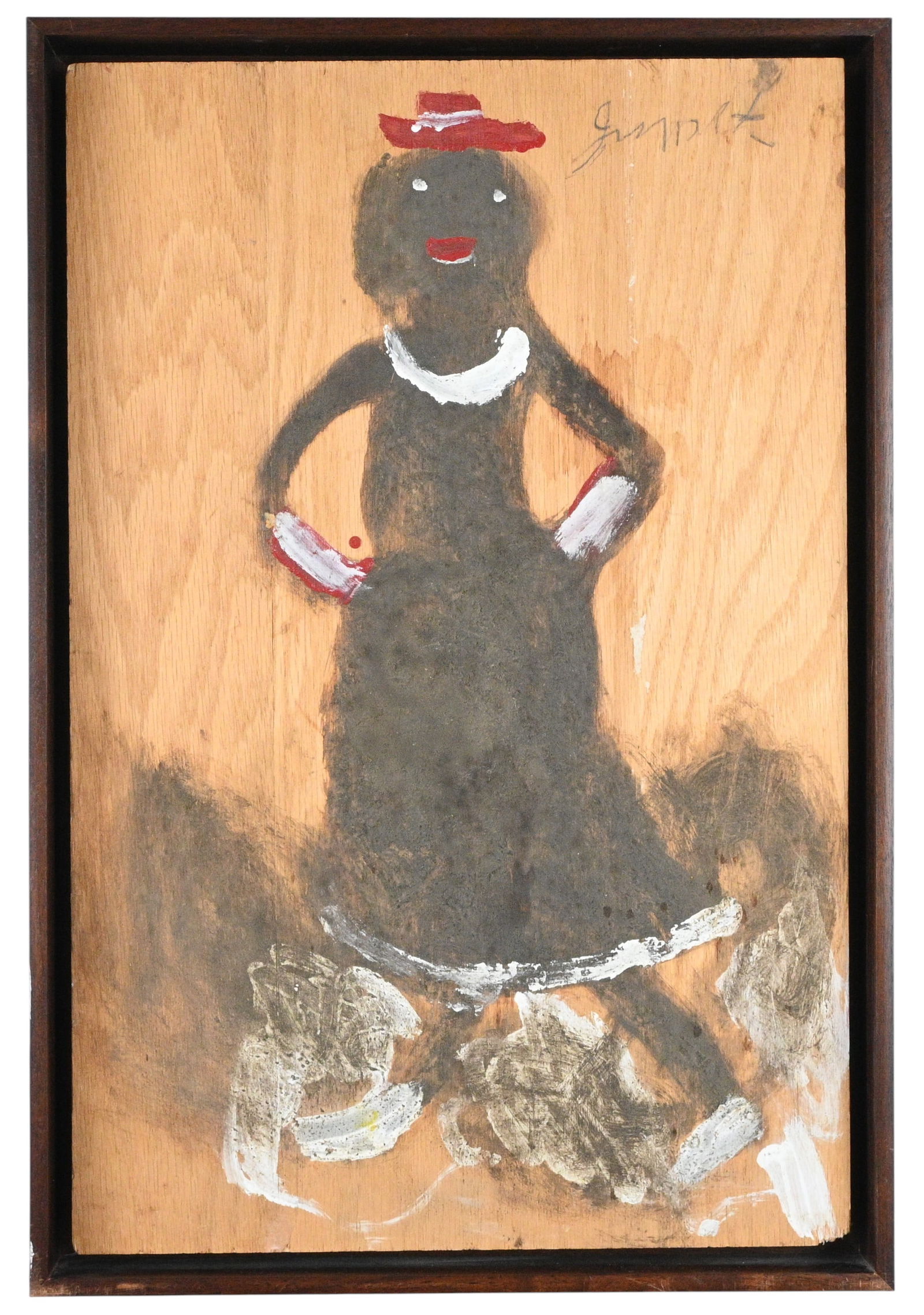Jimmie Lee Sudduth. Woman with Red Hat: Jimmie Lee Sudduth. (1910-2007)Woman with Red Hat.Late 1980s. Signed. Mud and paint on wooden board. Board is floated inside a wooden framed box. Nicely presented piece. Excellent condition. 