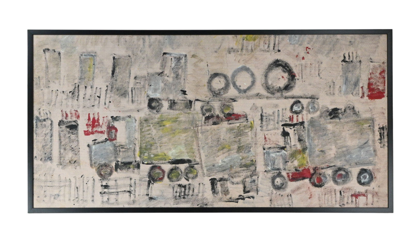 Purvis Young. Trucks: Purvis Young. (1943-2010)Trucks.Paint on canvas and beautifully framed in black. Abstracted procession of trucks rendered through repeated linear forms and circular motifs. Excellent condition. 