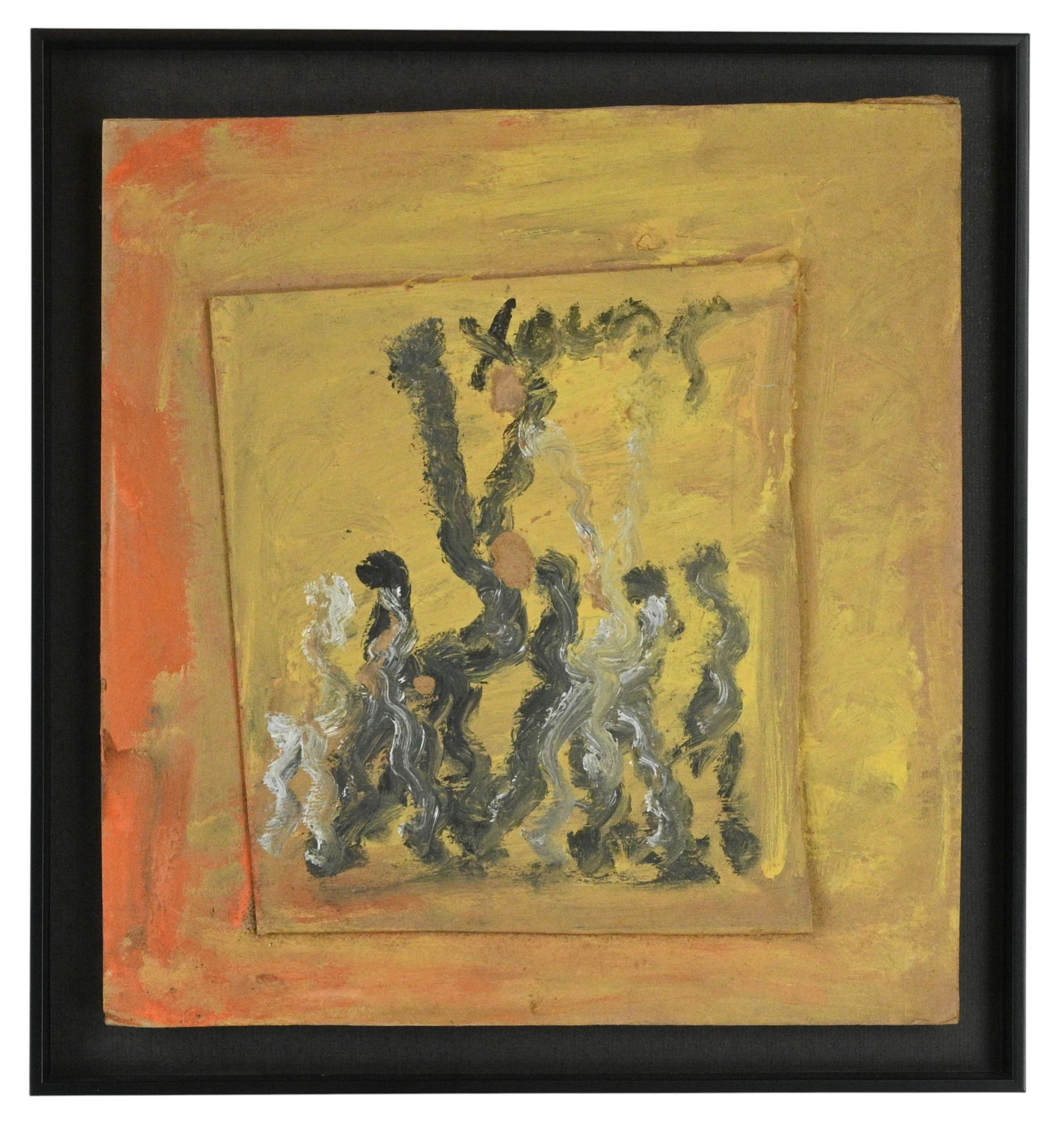 Purvis Young. Figures in Yellow: Purvis Young. (1943-2010)Figures in Yellow.Signed. Paint on wood board and beautifully floated in a black frame. Excellent condition. Size: 16" H x 15" W. Size with Frame: 18.75" H x 17.5" W.