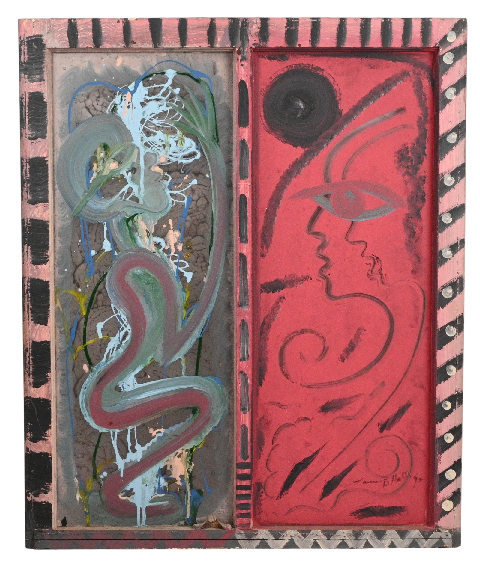 Lonnie Holley. Baptism: Lonnie Holley. (b. 1950)Baptism.1990. Signed and Dated. Paint on old window. Excellent condition. Size: 35.25" H x 29.25" W. Provenance: Private Northeast Collection. Purchased from Slotin