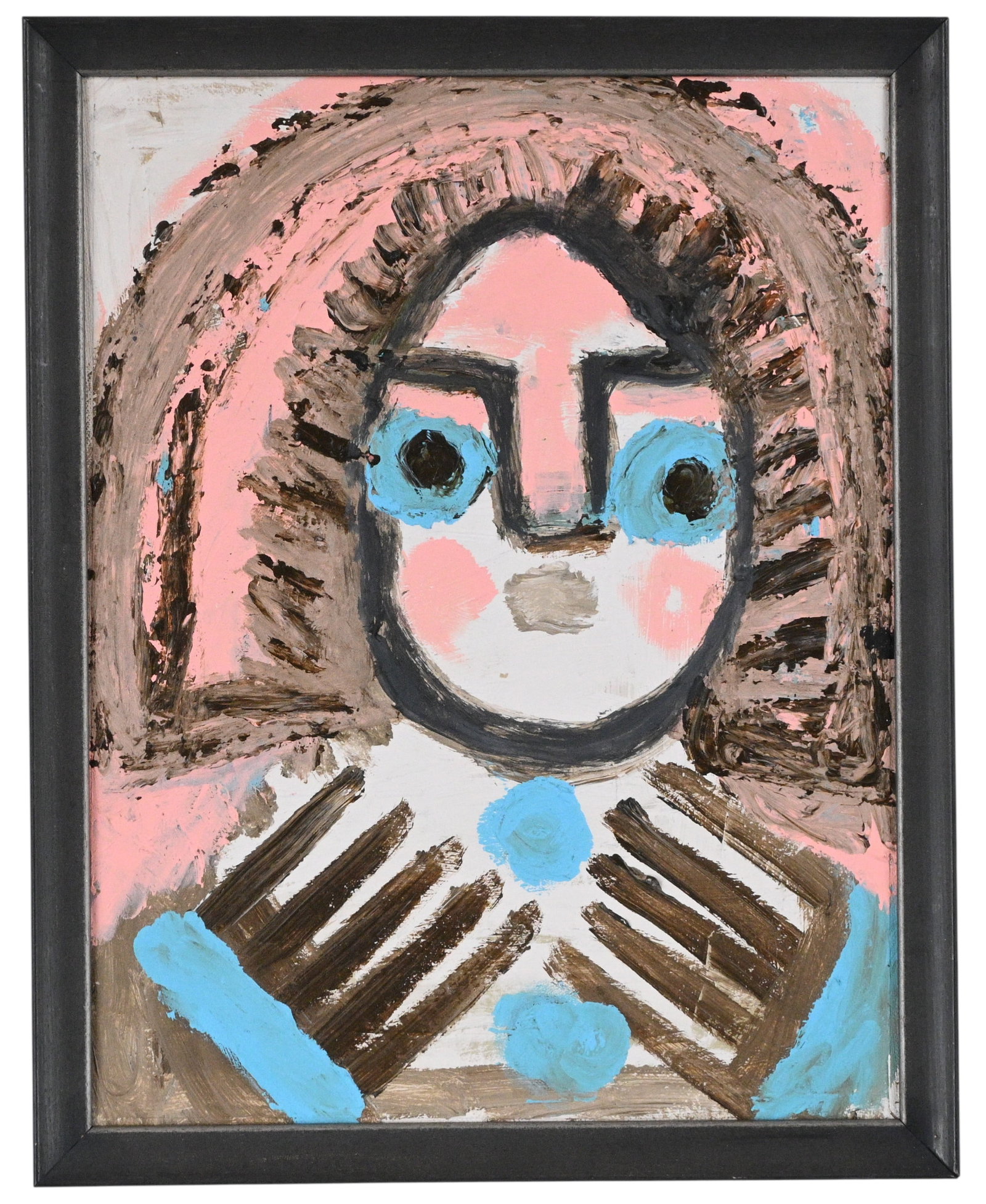 Eddy Mumma. Pink Cheeks with Blue Eyes: Eddy Mumma. (1908-1986)Pink Cheeks with Blue Eyes.Oil on masonite board. Excellent condition. Size: 18" H x 14" W. Size with Frame: 19.5" H x 15.5" W. Provenance: Private Georgia Collection