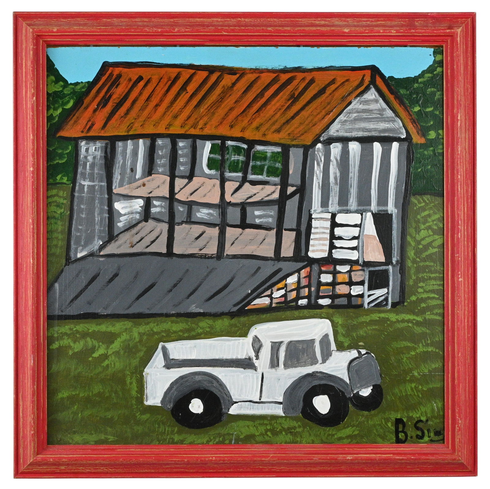 Bernice Sims. Cotton Barn: Bernice Sims. (1926-2014) Cotton Barn. Signed. Paint on wood board. Exhibited in "Of This - Two Southern Visual Voices" in Mobile, AL in 2010. Mounted in distressed wood painted frame. Excellent condi