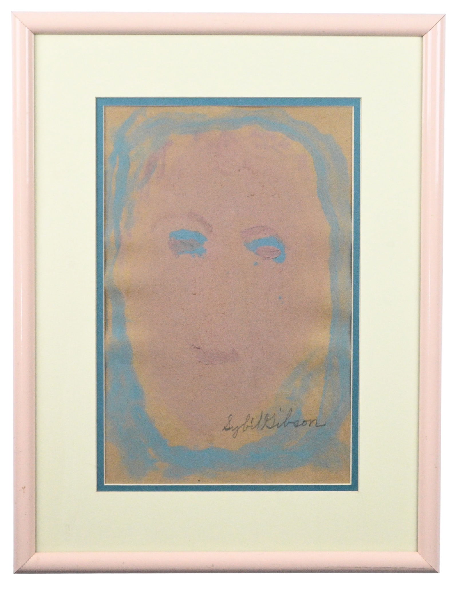 Sybil Gibson. Pink Face With Blue Eyes: Sybil Gibson. (1908-1995)Pink Face With Blue Eyes.Signed. Watercolor on brown paper bag. Good condition. Size: 15.5" H x 11.5" W. Size with Frame: 17" H x 13" W. Provenance: Micki Beth