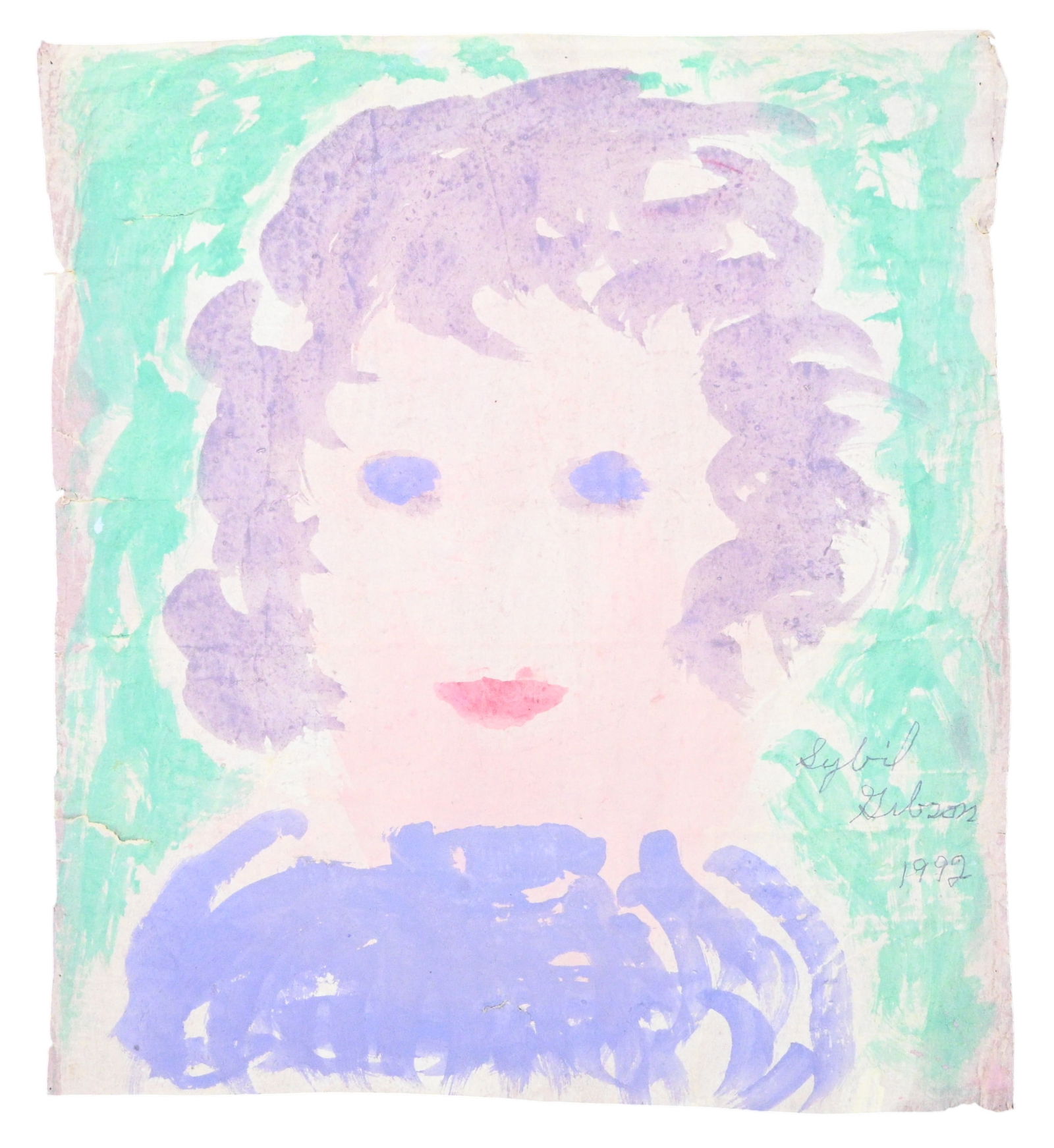 Sybil Gibson. Double Sided Ladies: Sybil Gibson. (1908-1995) Double Sided Ladies. 1992. Signed and Dated. Watercolor on brown paper window shade. Early example. Lady with purple eyes and girl with pink cheeks. Good condition for medium