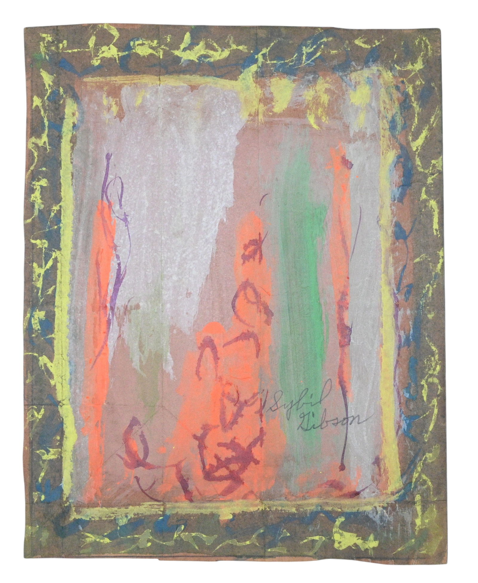 Sybil Gibson. Abstract: Sybil Gibson. (1908-1995) Abstract. Signed. Watercolor on brown paper bag. Figures with yellow border. Excellent condition. Size: 18.5" H x 14.5" W. Provenance: Micki Beth Stiller Collection. Est. $40