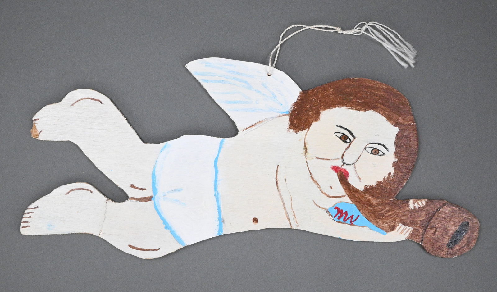 Myrtice West. Double Sided Gabriel with Horn: Myrtice West. (1923-2010)Double Sided Gabriel with Horn.Signed. Paint on wood cutout. Fair condition. Damage near toes on top foot and bottom foot appears to have been repaired. Size: 9" H x