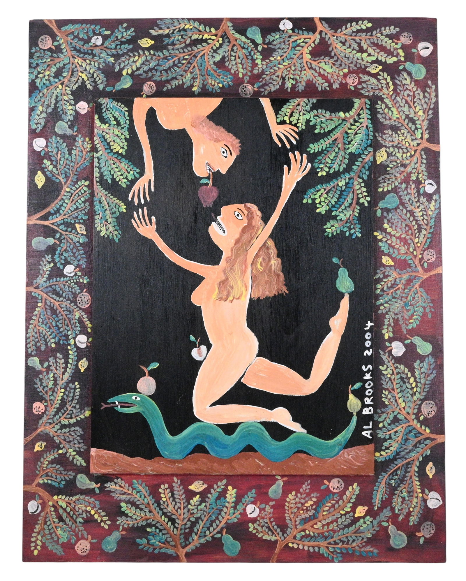 Al Brooks. Adam and Eve in the Garden: Al Brooks. Adam and Eve in the Garden. 2004. Signed and Dated. Paint on wood board. Adam and Eve at the moment of temptation in the Garden of Eden. Eve leaps upward toward the fruit while Adam hovers