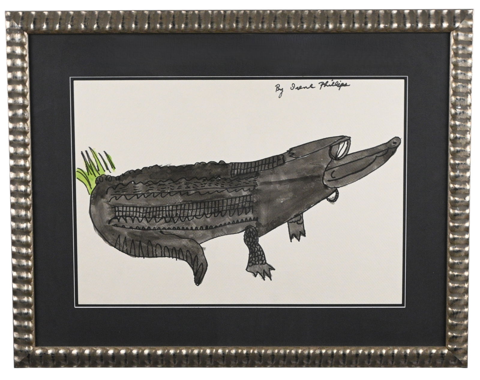 Irene Phillips. Alligator Painting: Irene Phillips. Alligator Painting.Signed. Ink and watercolor on artist textured paper. Nicely framed behind glass. Excellent condition. Size: 16" H x 22" W. Size with Frame: 23.5" H x 30.25"