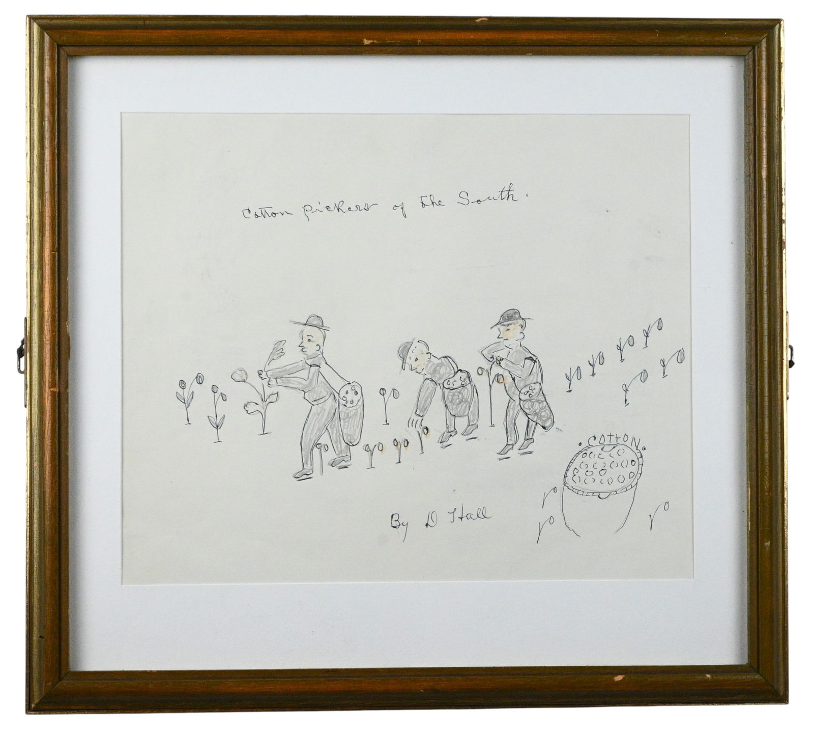 Dilmus Hall. Double Sided Drawing: Dilmus Hall. (1896-1987)Double Sided Drawing.Signed. Ink and crayon on paper. "Cotton Pickers of the South" and "Man with gun and 3 Possums" Framed with double glass. Excellent condition. 
