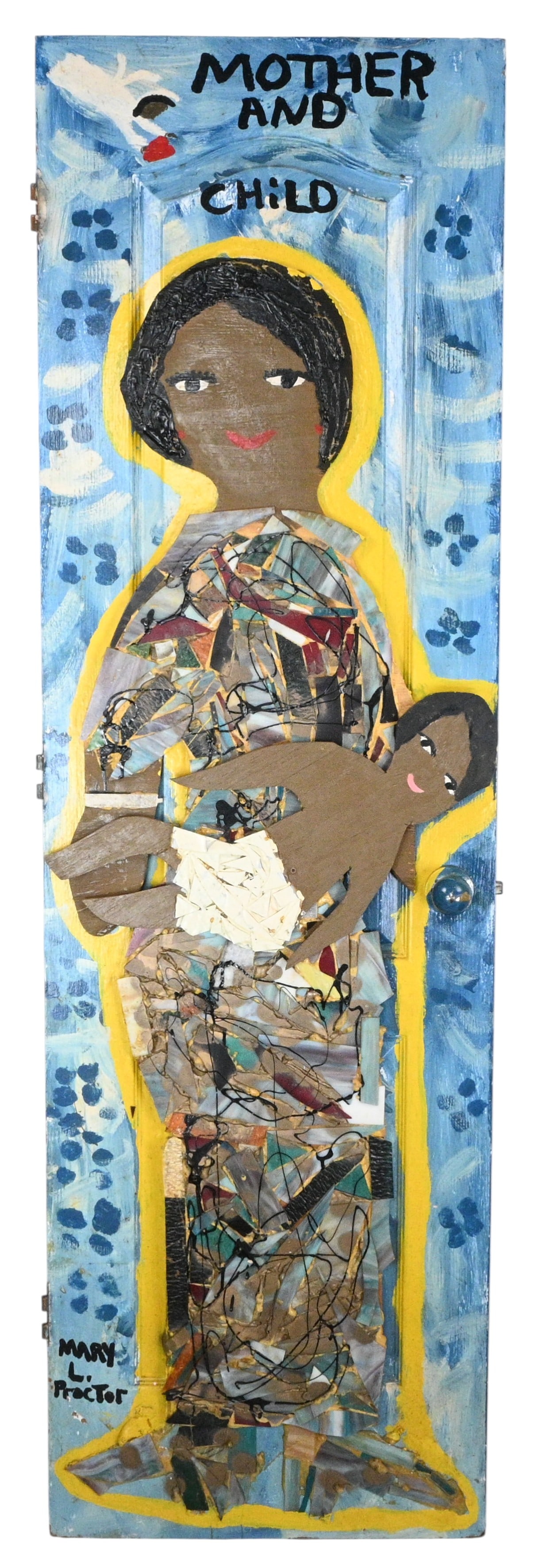 Mary Proctor. Mother & Child Door: Mary Proctor. (b. 1960)Mother & Child Door.Circa early 2000s. Signed, Dated, and Titled. Mixed media and paint on a wooden door. A strong example of Mary's work. The stained glass throughout