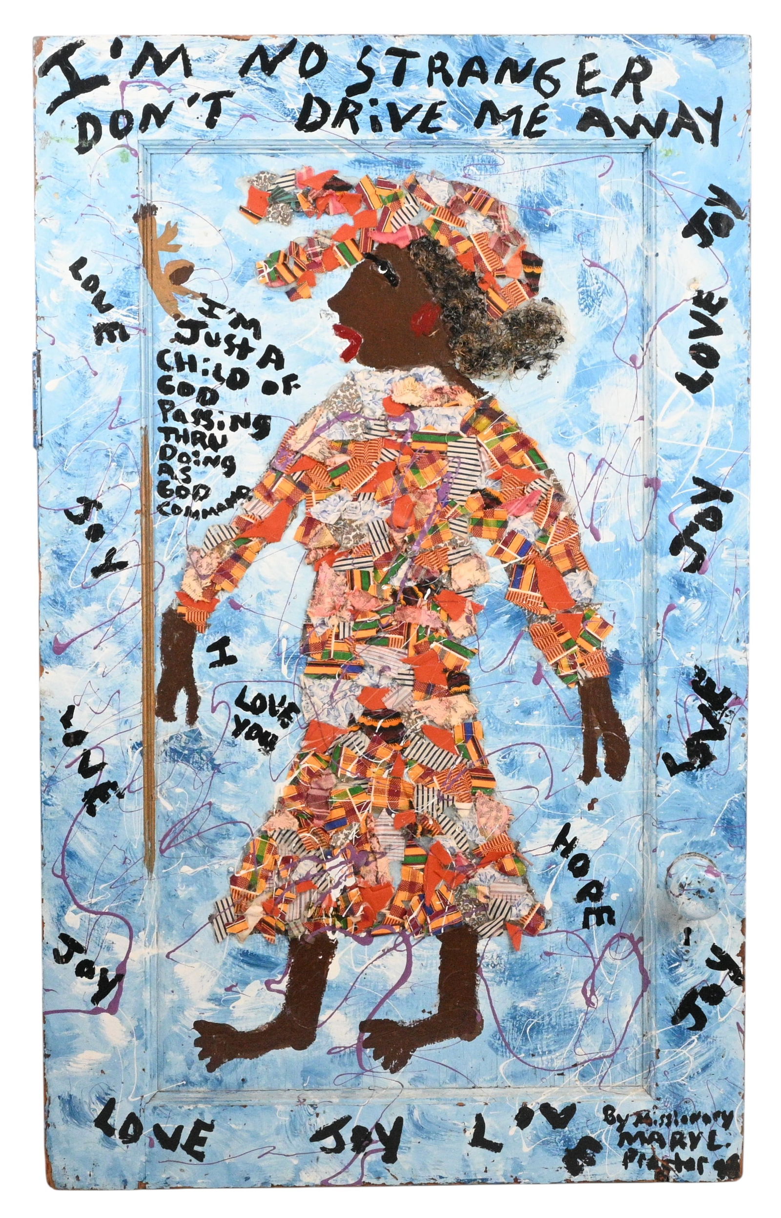 Mary Proctor. I'm No Stranger Door: Mary Proctor. (b. 1960) I'm No Stranger Door. 1996. Signed, Dated, and Titled. Paint and mixed media on an old wooden Dutch door. Early example of Mary's work. "I'm No Stranger Don't Drive Me Away. I'