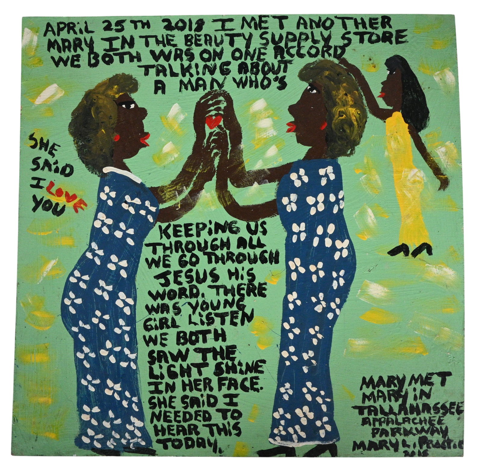 Mary Proctor. Beauty Supply Store: Mary Proctor. (b. 1960)Beauty Supply Store.2018. Signed, Dated, and Titled. Paint on thin wood board. "April 25th 2018 I met another Mary in the beauty supply store we both was on one accord