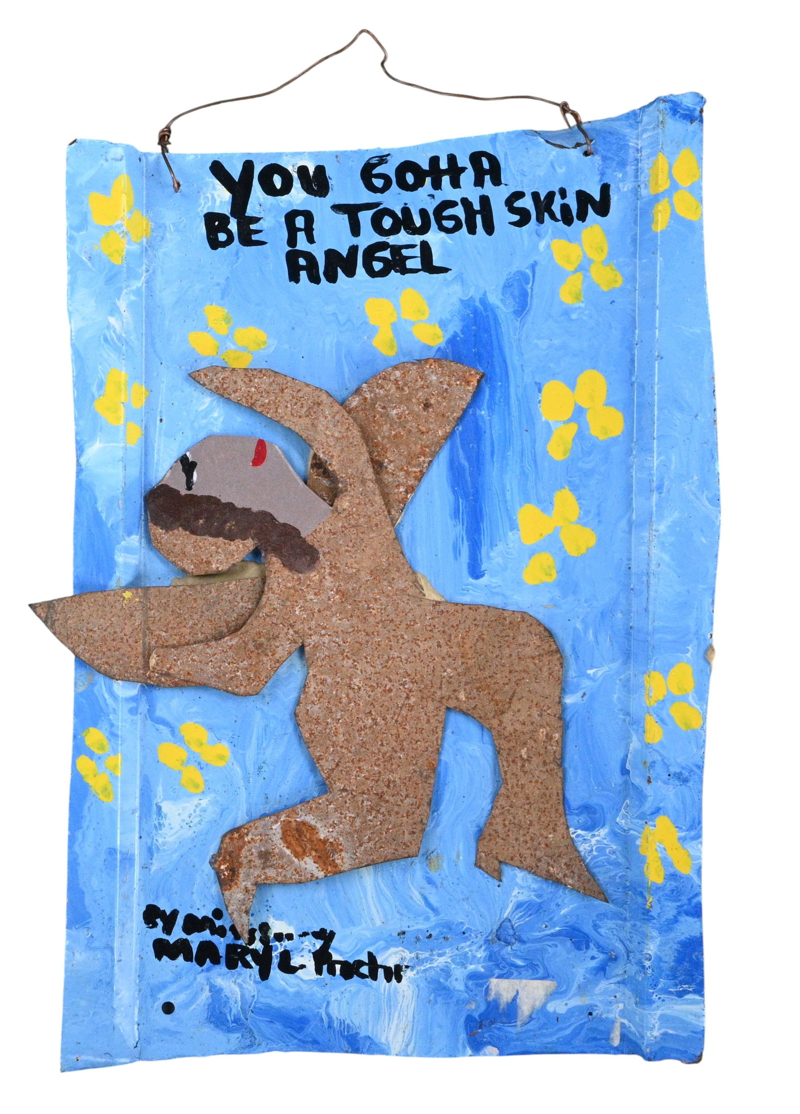 Mary Proctor. Tough Skin Angel: Mary Proctor. (b. 1960)Tough Skin Angel.Signed and Titled. Mixed media and paint on tin. "You Gotta Be A Tough Skin Angel". A solo exhibition, titled "The Strength to Be Joyful: Messages from