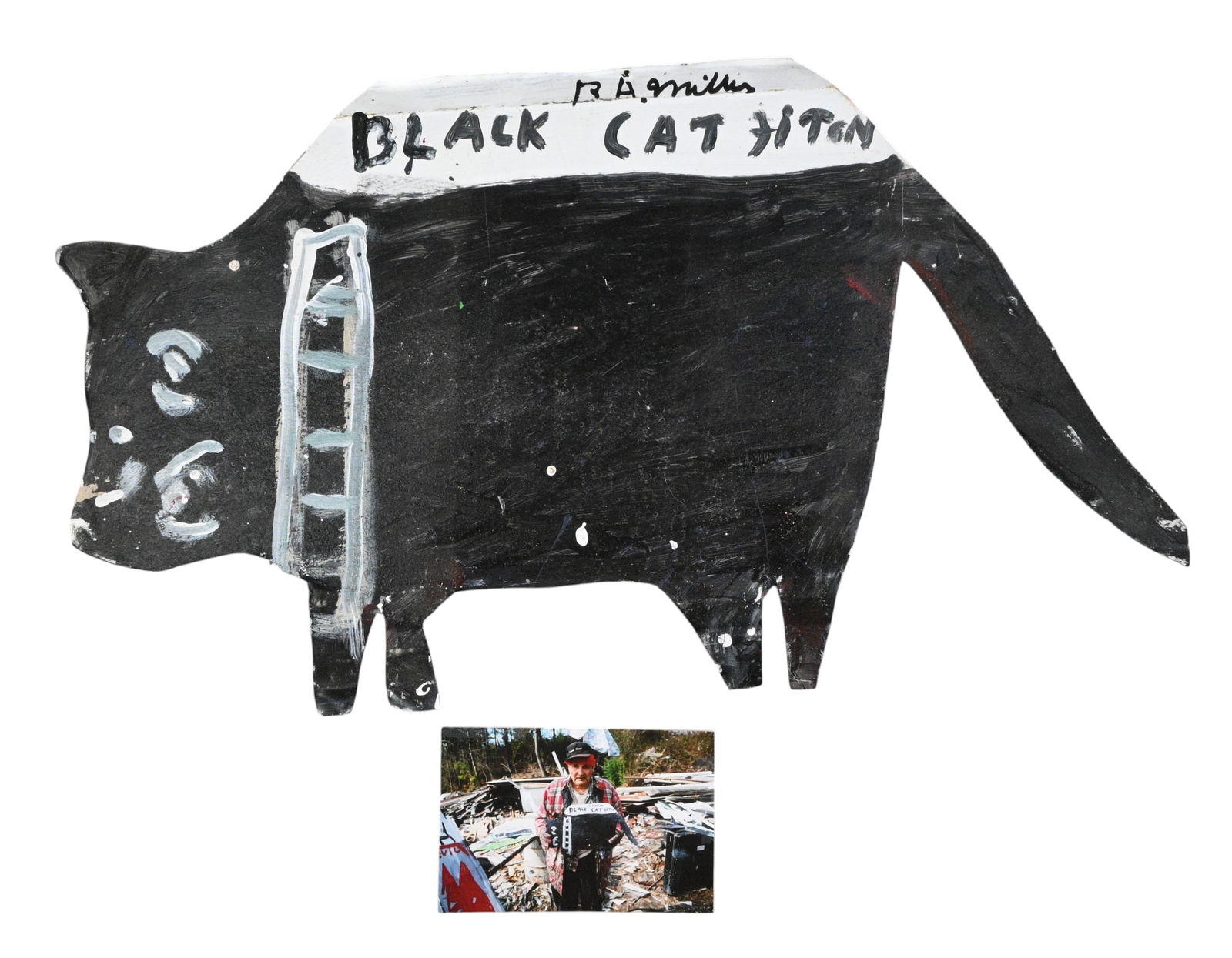 R.A. Miller. Black Cat Titon: R.A. Miller. (1912-2006)Black Cat Titon.Signed and Titled. Paint on found cut out tin. Comes with a photo of R.A. Miller holding the piece. Excellent condition. Size: 14" H x 24" W. 