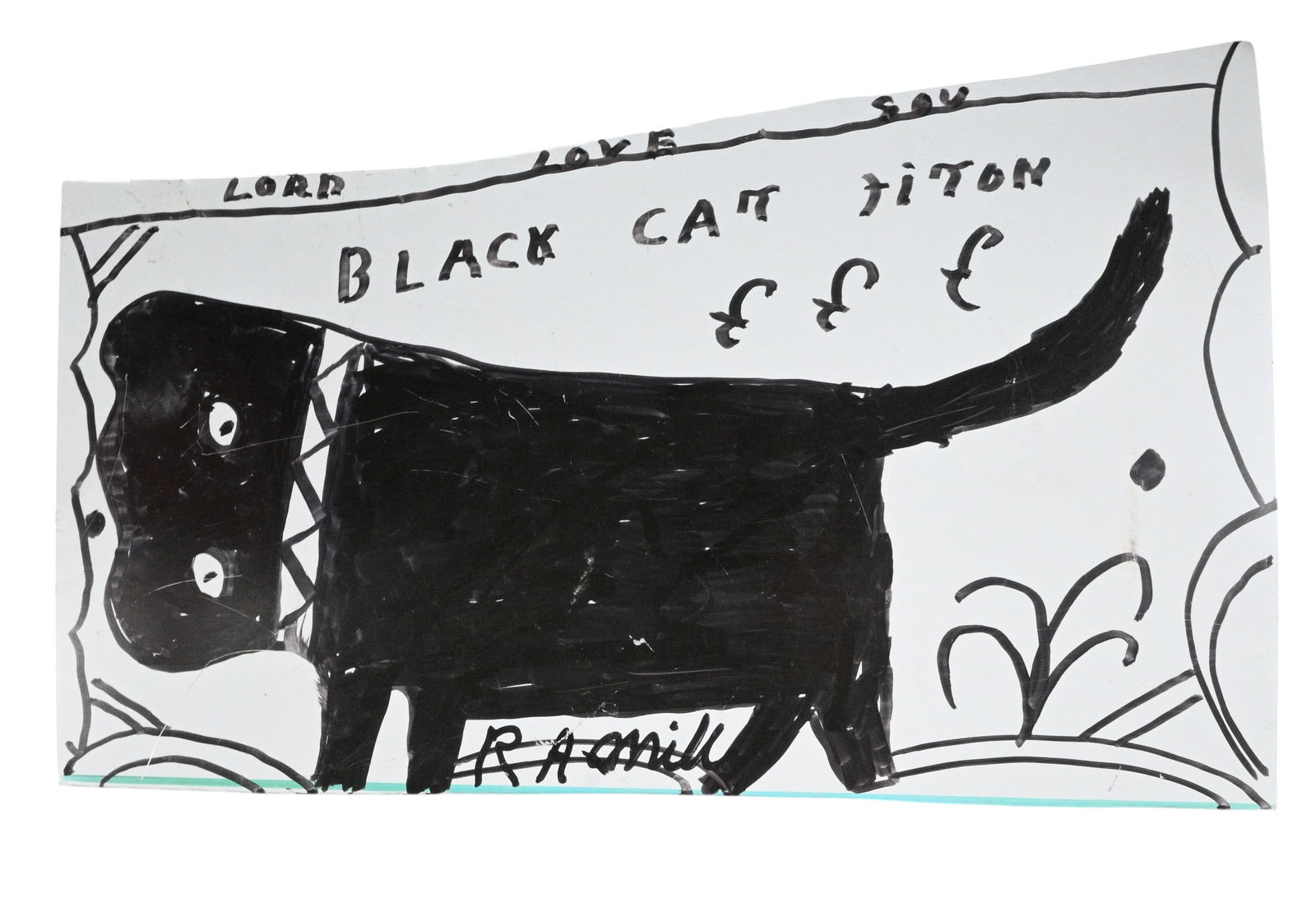 R.A. Miller. Black Cat Titon: R.A. Miller. (1912-2006)Black Cat Titon.Signed and Titled. Black marker on found cut out tin. Excellent condition. Size: 12" H x 18.75" W. Provenance: Private Northeast Collection. Ex. Ted