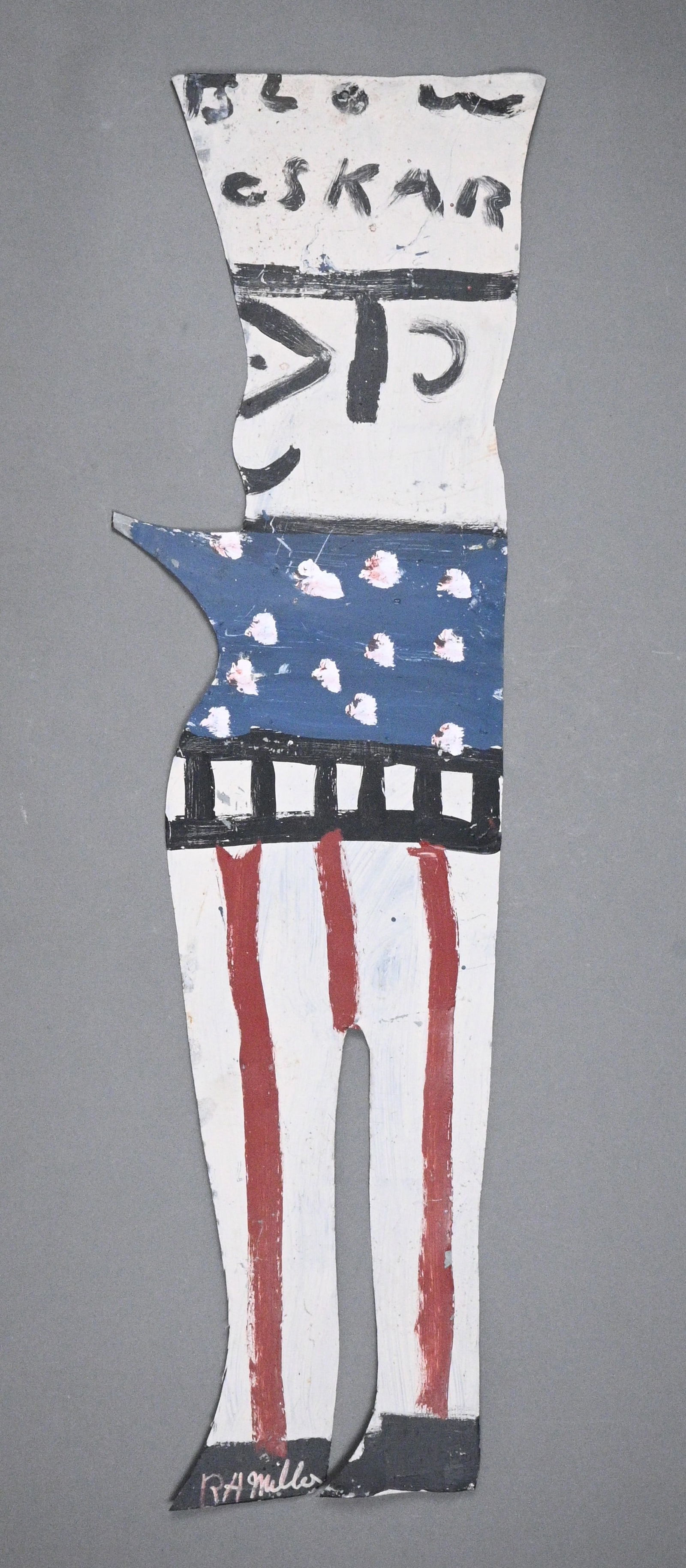 R.A. Miller. Blow Oskar: R.A. Miller. (1912-2006)Blow Oskar.Signed. Paint on tin cutout. Excellent condition. Size: 34.5" H x 9.5" W. Provenance: Private Kentucky Collection. Est. $200 - $400. Ship: In-House
