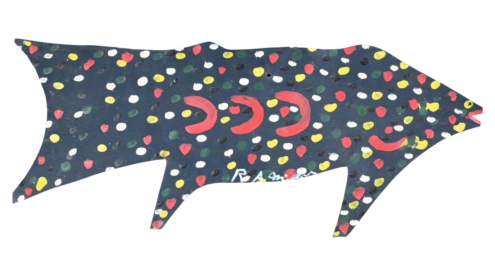 R.A. Miller. Fish: R.A. Miller. (1912-2006)Fish.Signed. Paint on found cut out tin. Double-sided. Excellent condition. Size: 11" H x 26" W. Provenance: Private Northeast Collection. Est. $100 - $300. Ship: