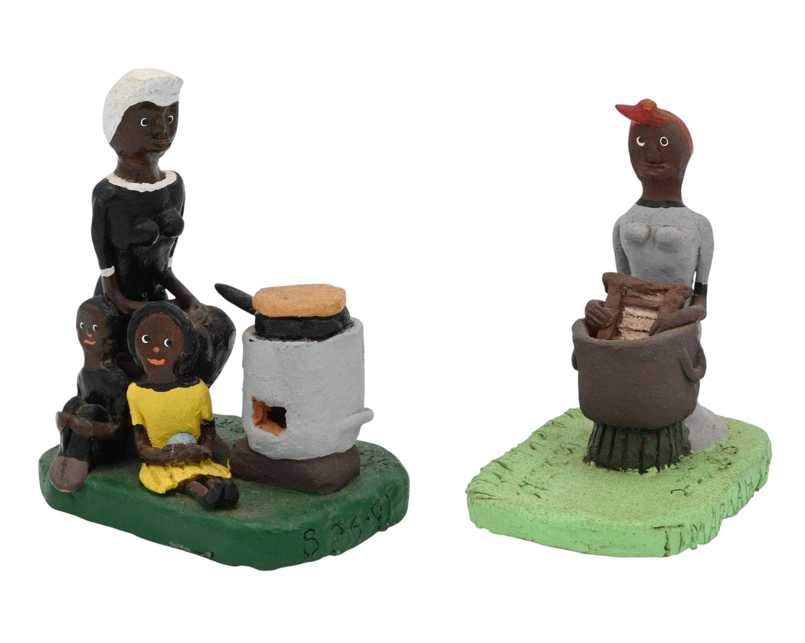 Tim Arkansaw. Shortening Bread & Washboard: Tim Arkansaw. (b. 1925)Shortening Bread & Washboard.1991/1986. Signed and Dated. Arkansaw's figurines of "documental sculptures" in clay depict people he knew in Summerhill as a child. 