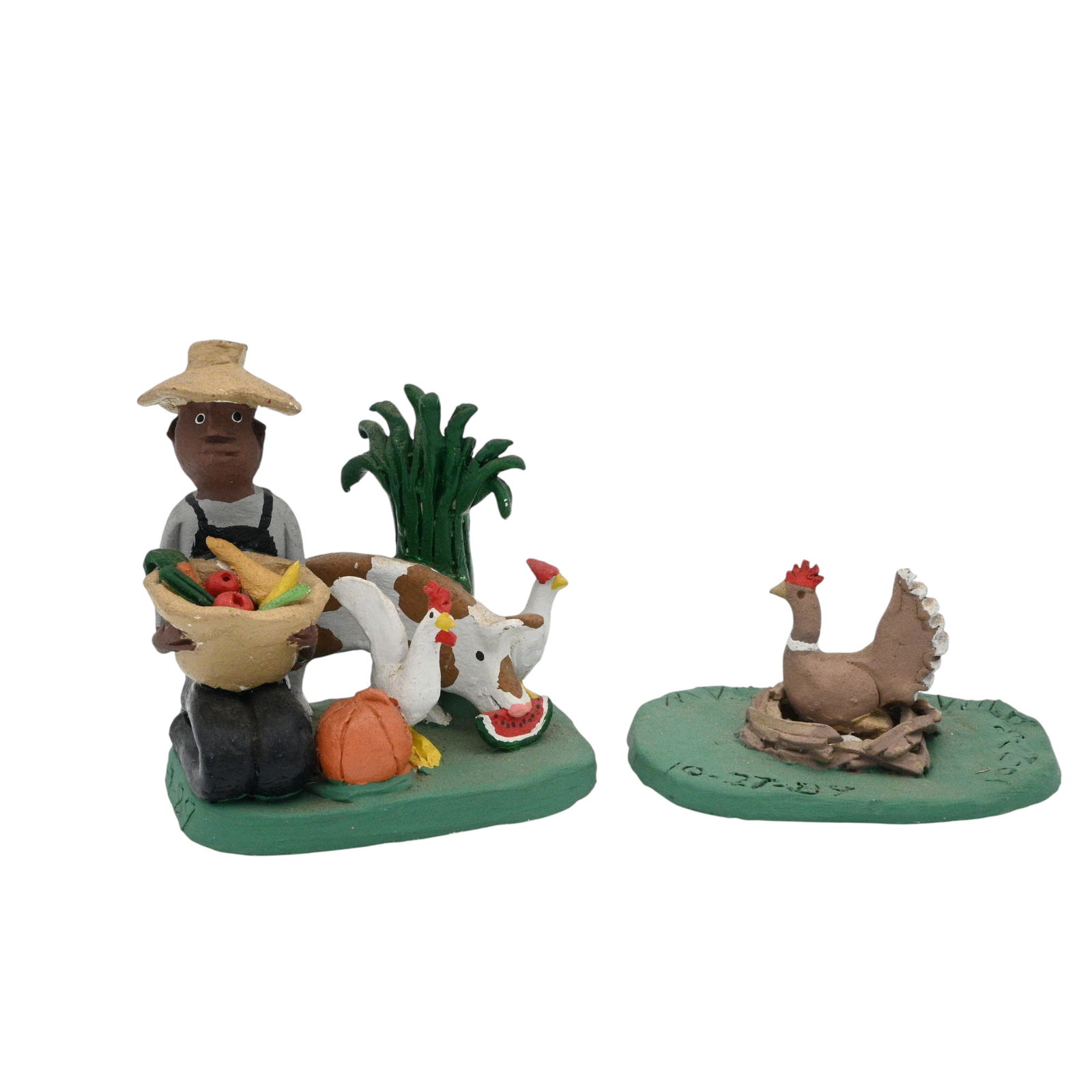 Tim Arkansaw. Farmer & Chicken: Tim Arkansaw. (b. 1925)Farmer & Chicken.1989. Signed and Dated. Arkansaw's figurines of "documental sculptures" in clay depict people he knew in Summerhill as a child. Summerhill was one of