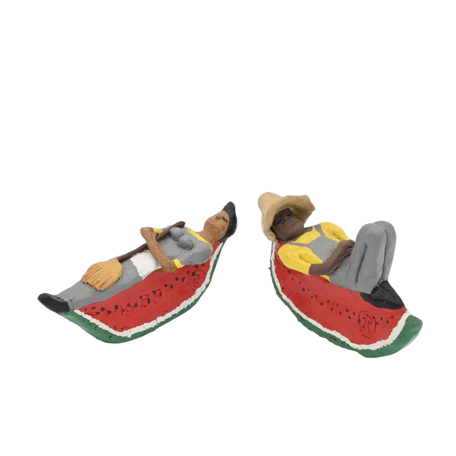 Tim Arkansaw. Two Figures Resting on Watermelon: Tim Arkansaw. (b. 1925)Two Figures Resting on Watermelon.1988. Signed and Dated. Arkansaw's figurines of "documental sculptures" in clay depict people he knew in Summerhill as a child. 