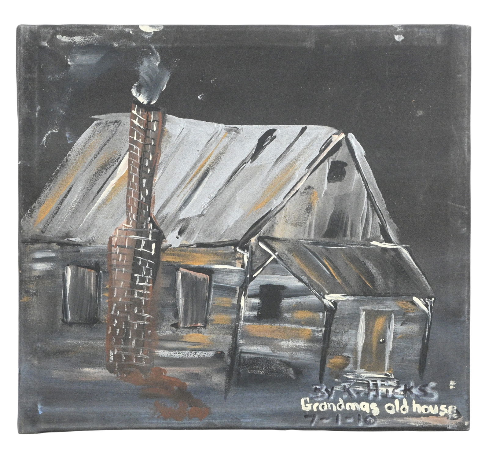 Robert Hicks. Grandma's Old House Painting: Robert Hicks. Grandma's Old House Painting.2010. Signed, Dated, and Titled. Paint on stretched thin canvas. Robert Hicks was a soldier in the USA Army. He painted all of his life to celebrate
