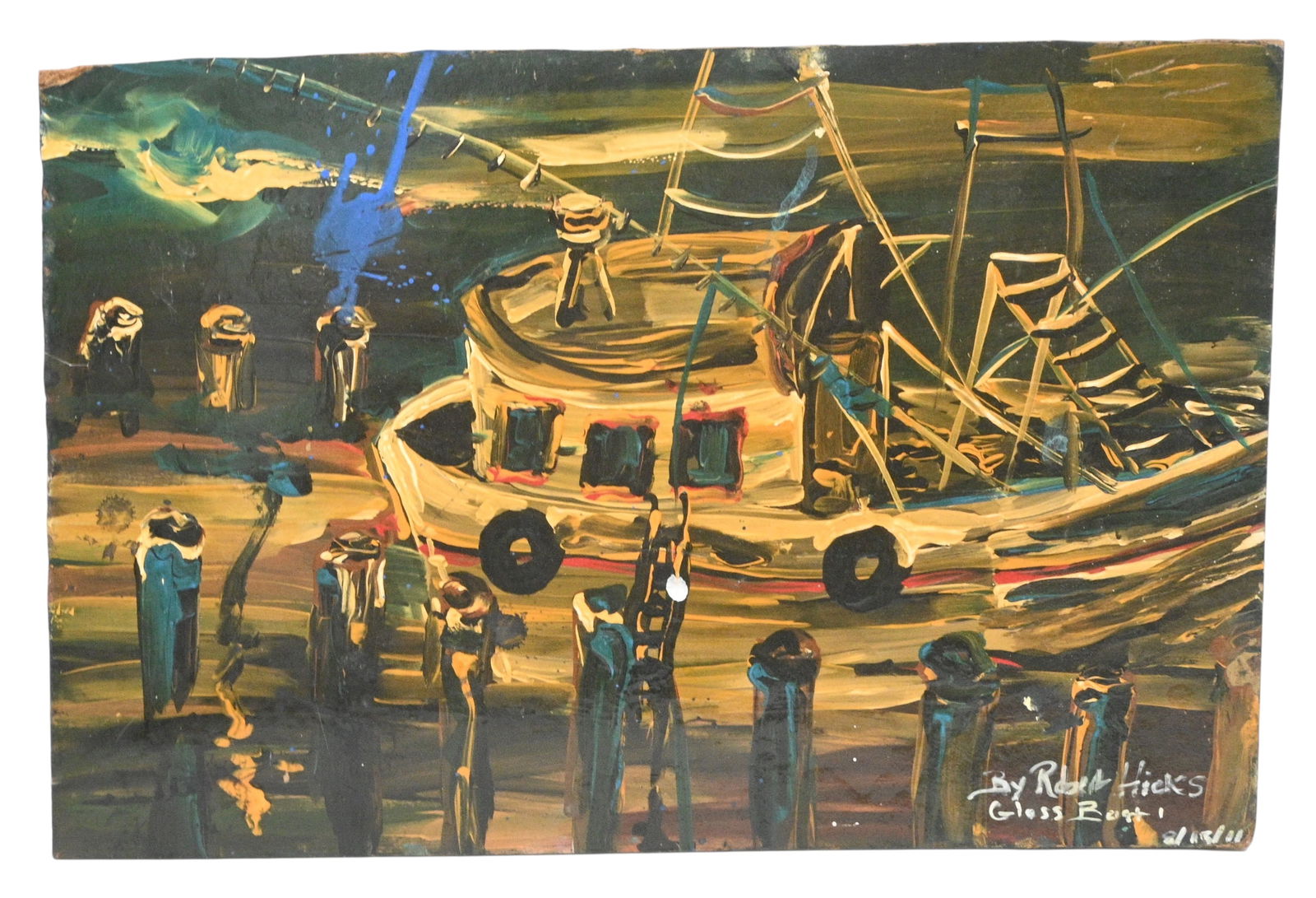 Robert Hicks. Glass Boat Painting: Robert Hicks. Glass Boat Painting.2011. Signed, Dated, and Titled. Paint on panel board. Robert Hicks was a soldier in the USA Army. He painted all of his life to celebrate his Geechee heritage.