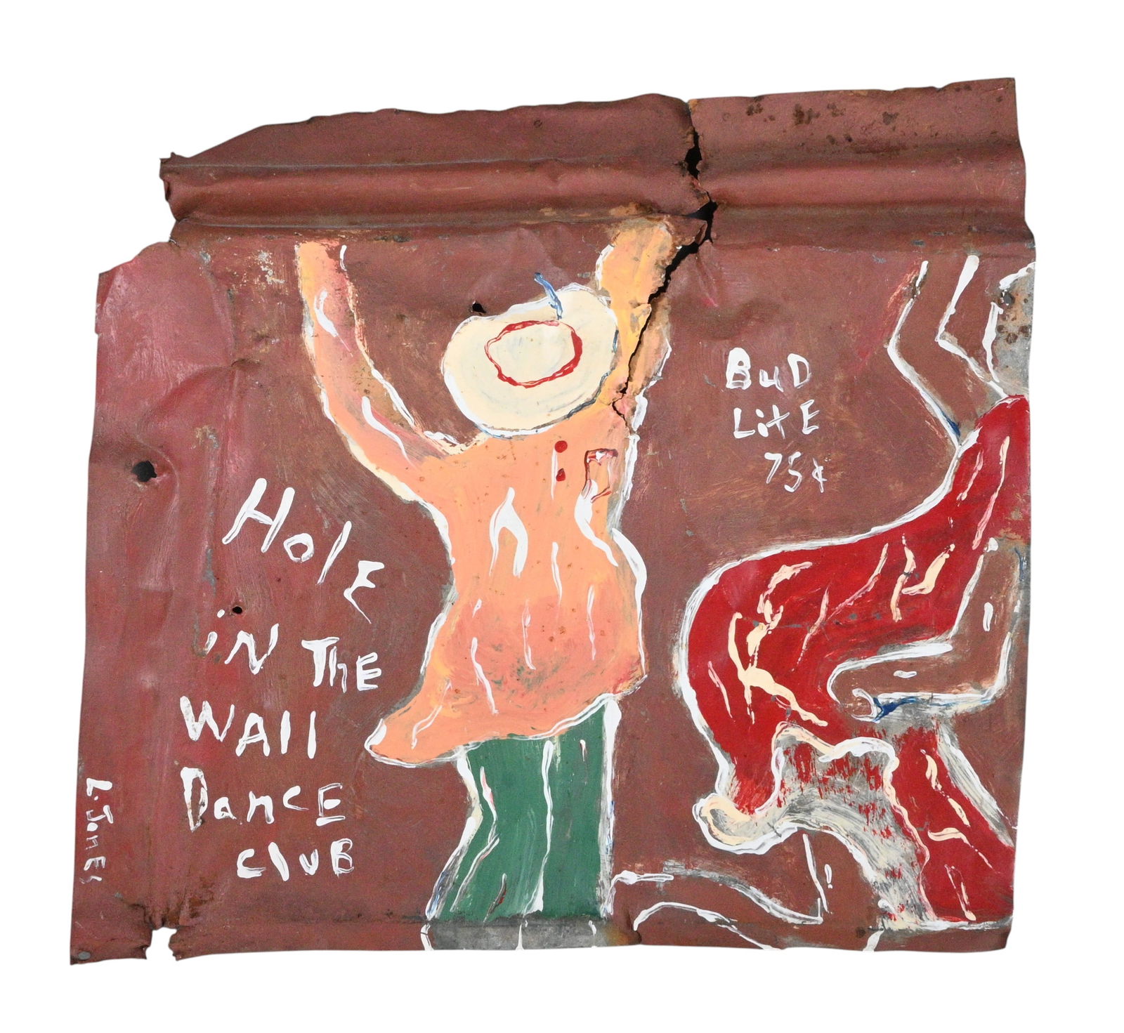 Leonard Jones. Hole In The Wall Dance Club Painting: Leonard Jones. (b. 1955)Hole In The Wall Dance Club Painting.Signed and Titled. Paint on found roof tin. Good environmental condition. Size: 13.5" H x 14.5" W. Provenance: Micki Beth Stiller
