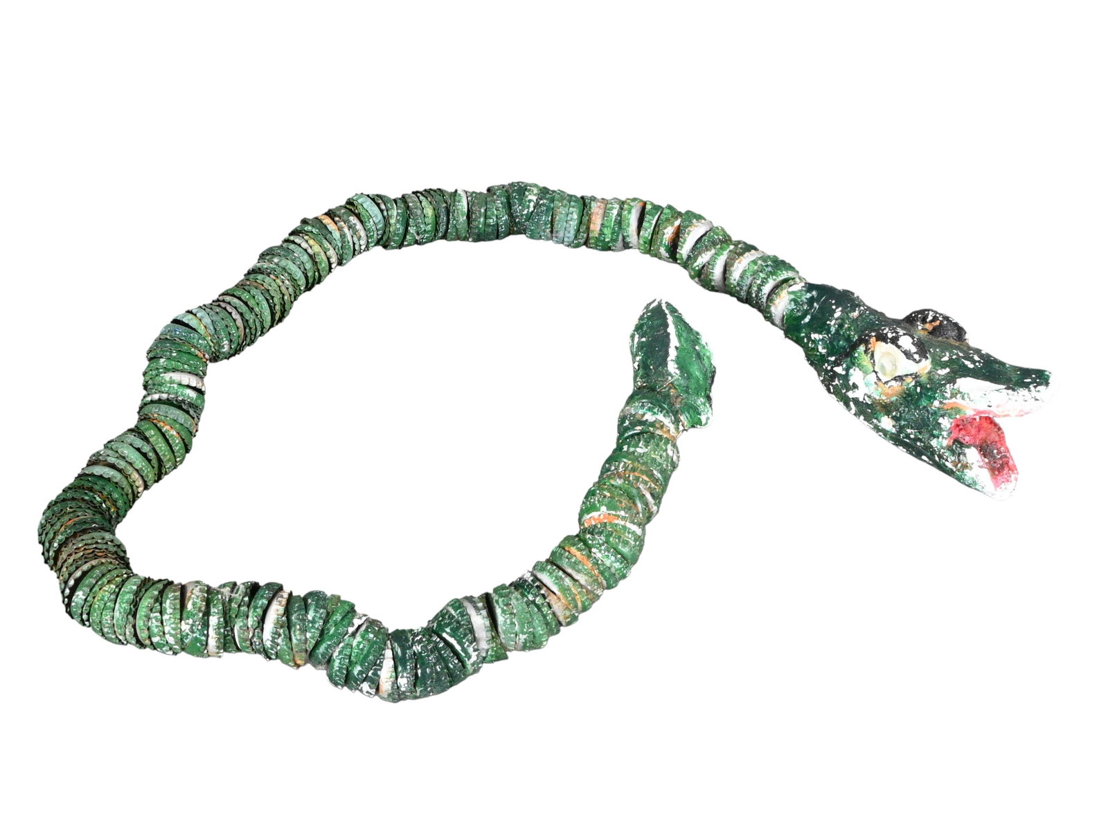 Mr. Imagination. Bottle Cap Snake: Mr. Imagination. (1948-2012)Bottle Cap Snake.Signed. Bottlecap body with a plastered head and tail and jeweled eyes. Good condition with some missing plaster. Size: 44" L. Provenance: Private